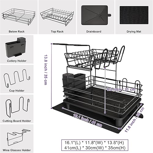 Miniatura 5 de Qienrrae Escurridor de platos para encimera de cocina, de acero inoxidable, 2 niveles, color negro, con escurridor, escurridor de platos grande con