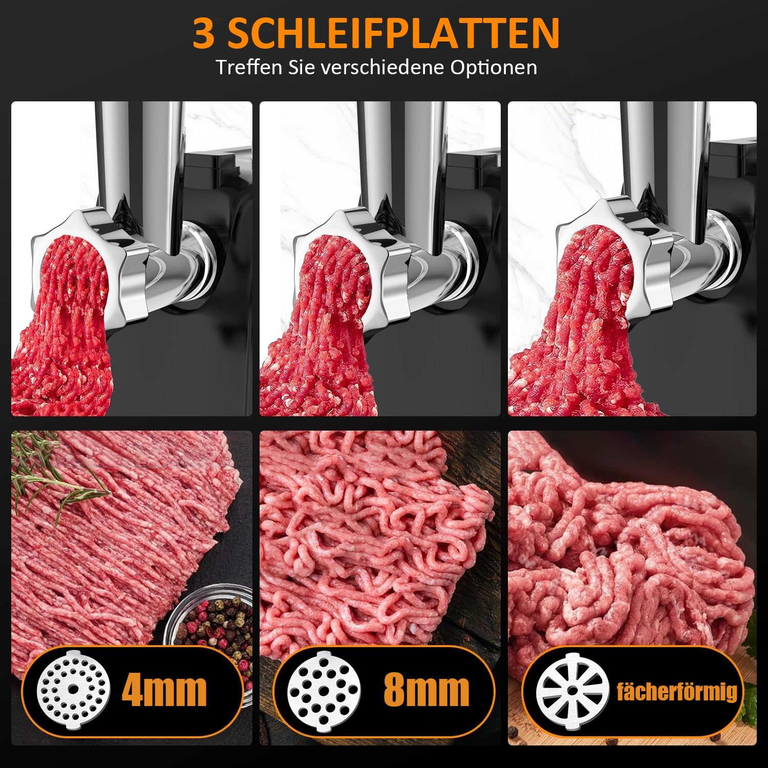 STANEW Fleischwolf Elektrisch, 3 in 1 Hackfleisch Maschine mit 3 Platten aus Edelstahl, Wurstmaschine Kubbe und 3 Füllrohre für Wurst, Kapazität 3,5 kg/min, 3 Klingen, 3500 W Starker Kupfermotor