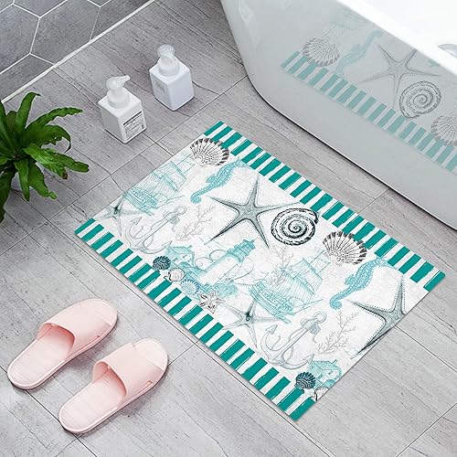 Miniatura 3 de Tapete de baño para interiores, tapete antideslizante para puerta delantera, retro, océano, náutico, verde azulado, para cocina, animales marinos,