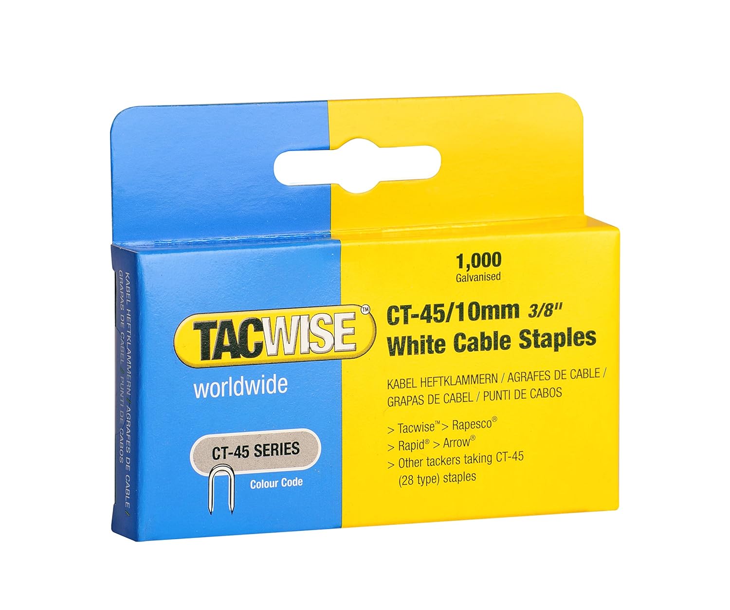 TACWISE CT45 3/8-Inch Cable Staples with White Finish, 5 Packs of 1000 Staples Each (0353), Steel