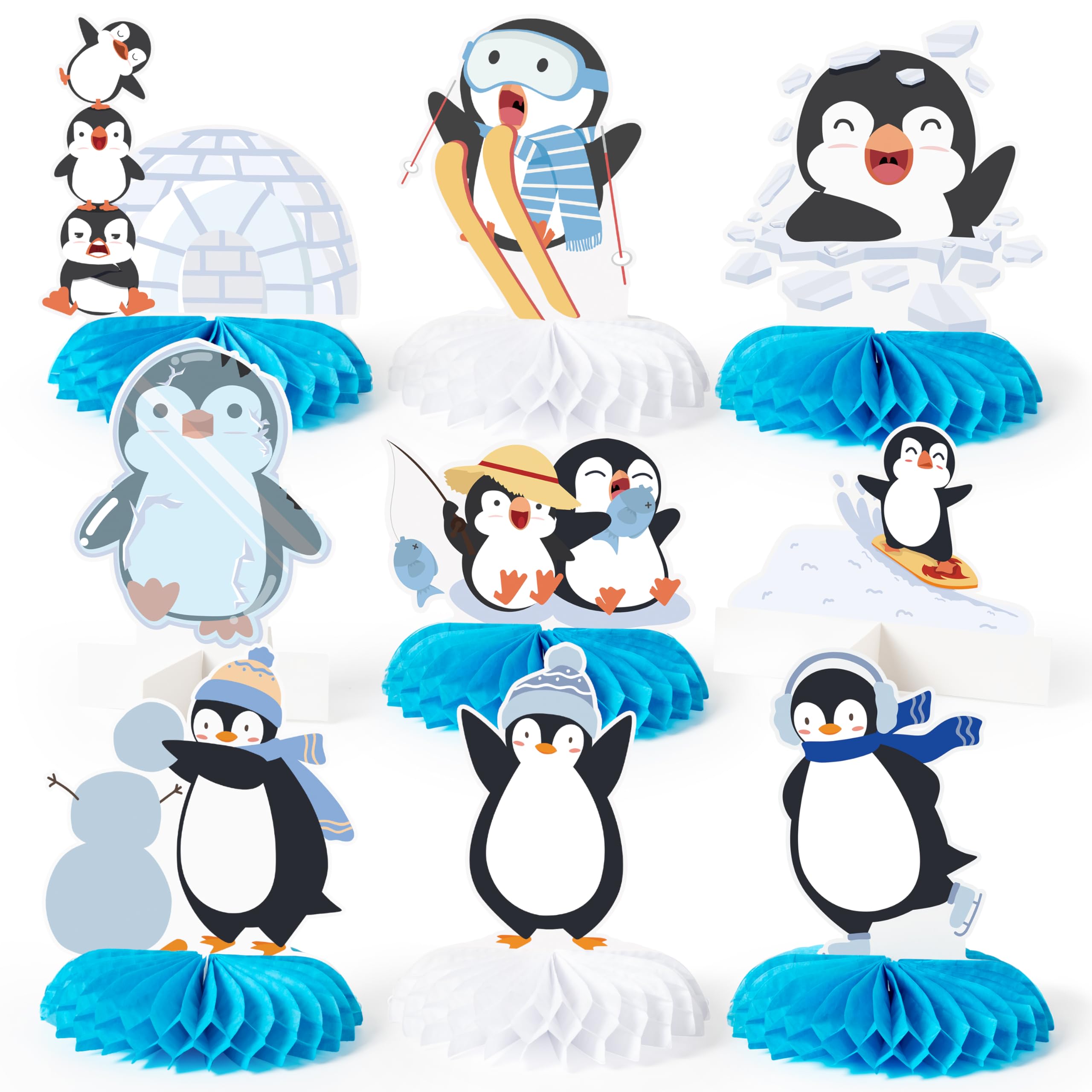 9 Pcs Penguin Party Centerpieces Cute Polar Animals Winter Wonderland Frozen Honeycomb Centerpieces 3D Table Toppers Sign Decor for Christmas Holiday Birthday Baby Shower Decorations Supplies