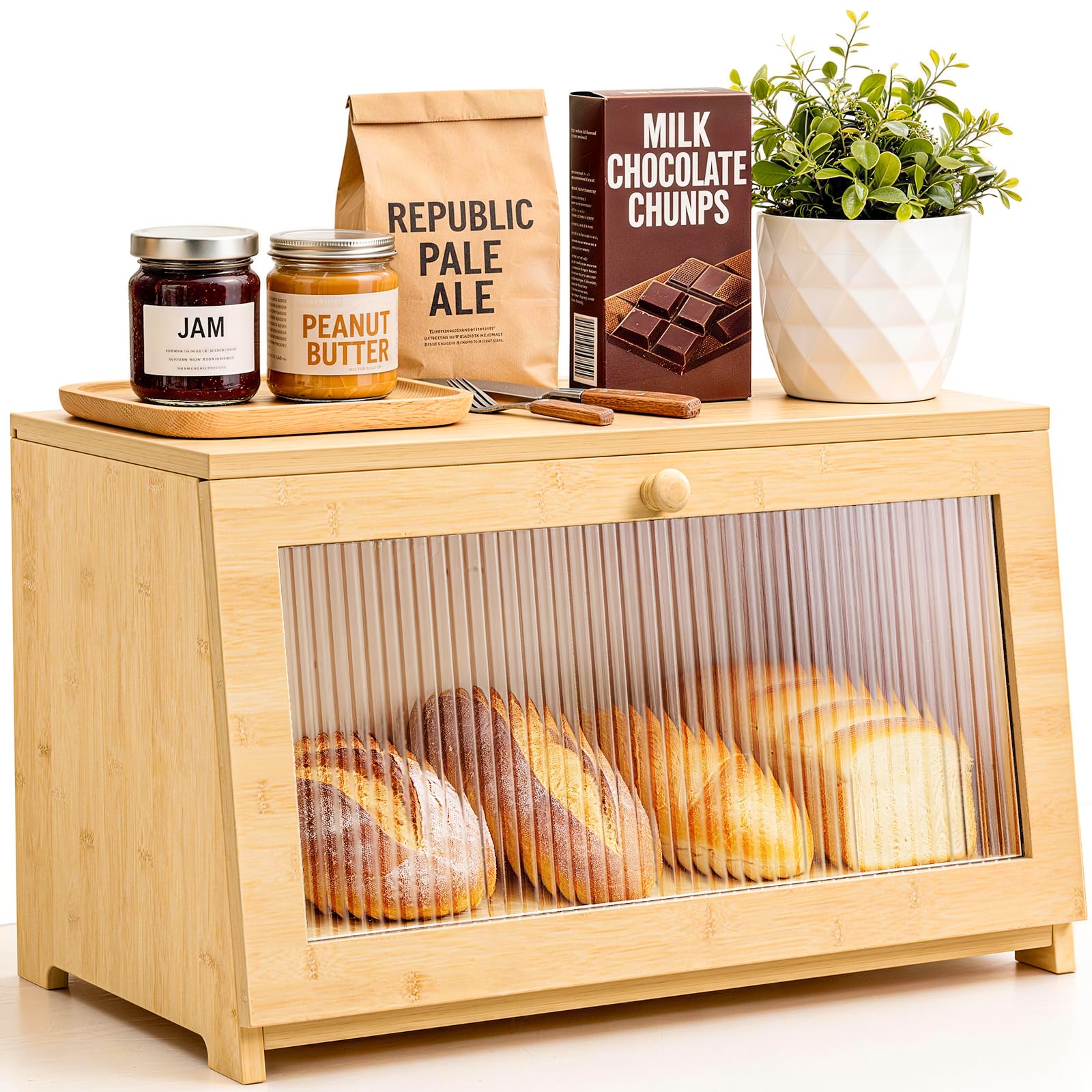 Yirilan Bread Bin, Wooden Bread Bin for Kitchen Counter, Front Opening Large Capacity Bread Box with Window for Bread, Salt and Pepper Mill Keep Fresh (38 × 21 × 23CM,Natural)