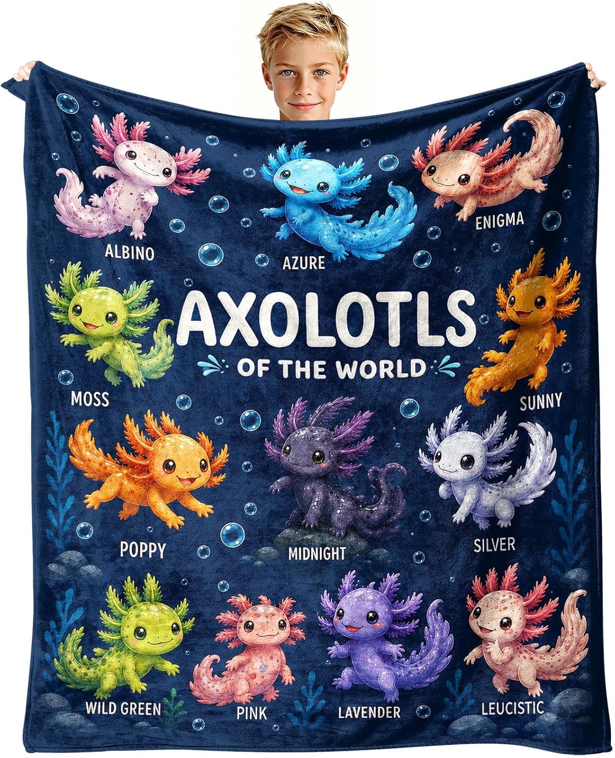 Axolotl Blanket for Boys Kids, Navy Blue Axolotl Gifts for Children Girls, Soft Flannel Throw, Bed Sofa Couch Room Decor, Unique Travel Camping Nap Christmas Birthday Present 40x50 Inch