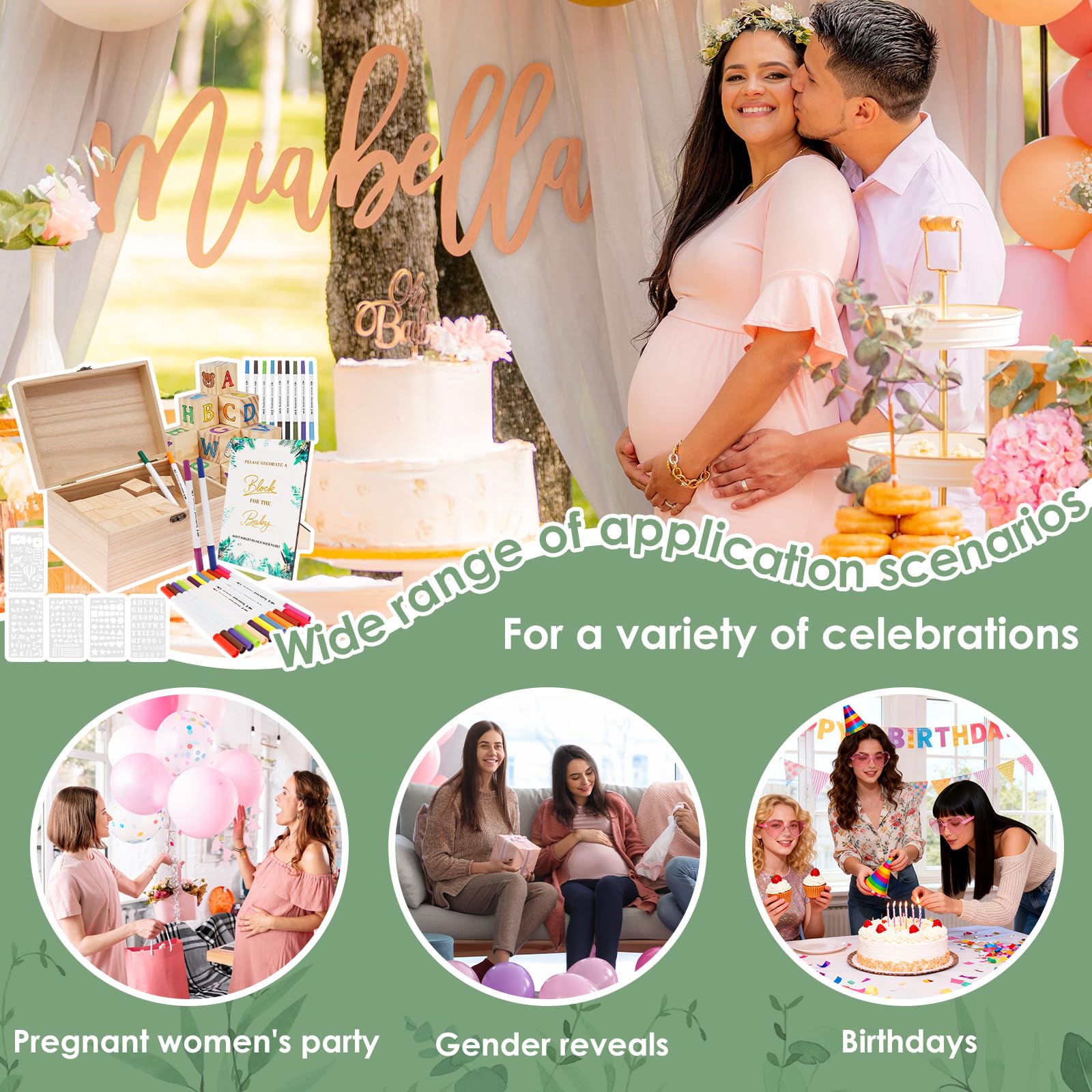 Baby Shower zestaw gier Baby Shower, księga gości, alternatywne drewniane klocki do malowania, w zestawie 56 drewnianych klocków, 24 markery, drewniane pudełko, dekoracja, kreatywna pamiątka