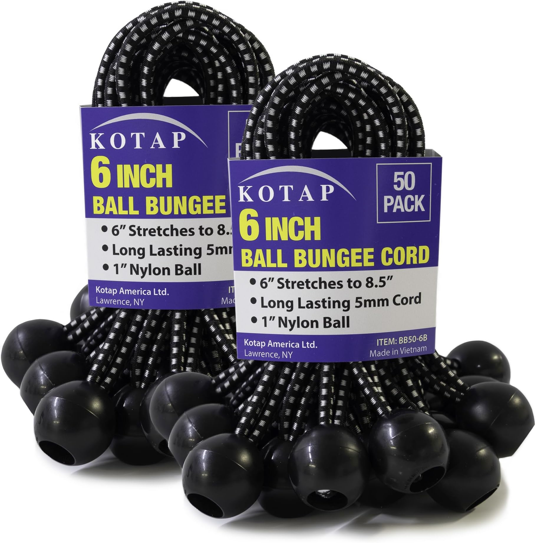 Kotap BB-6B Ball Bungee Cord, Heavy-Duty & Versatile, Indoor & Outdoor, Tarp Tie-Down, Organize & Secure, 6-Inch, Black, 50 Pack