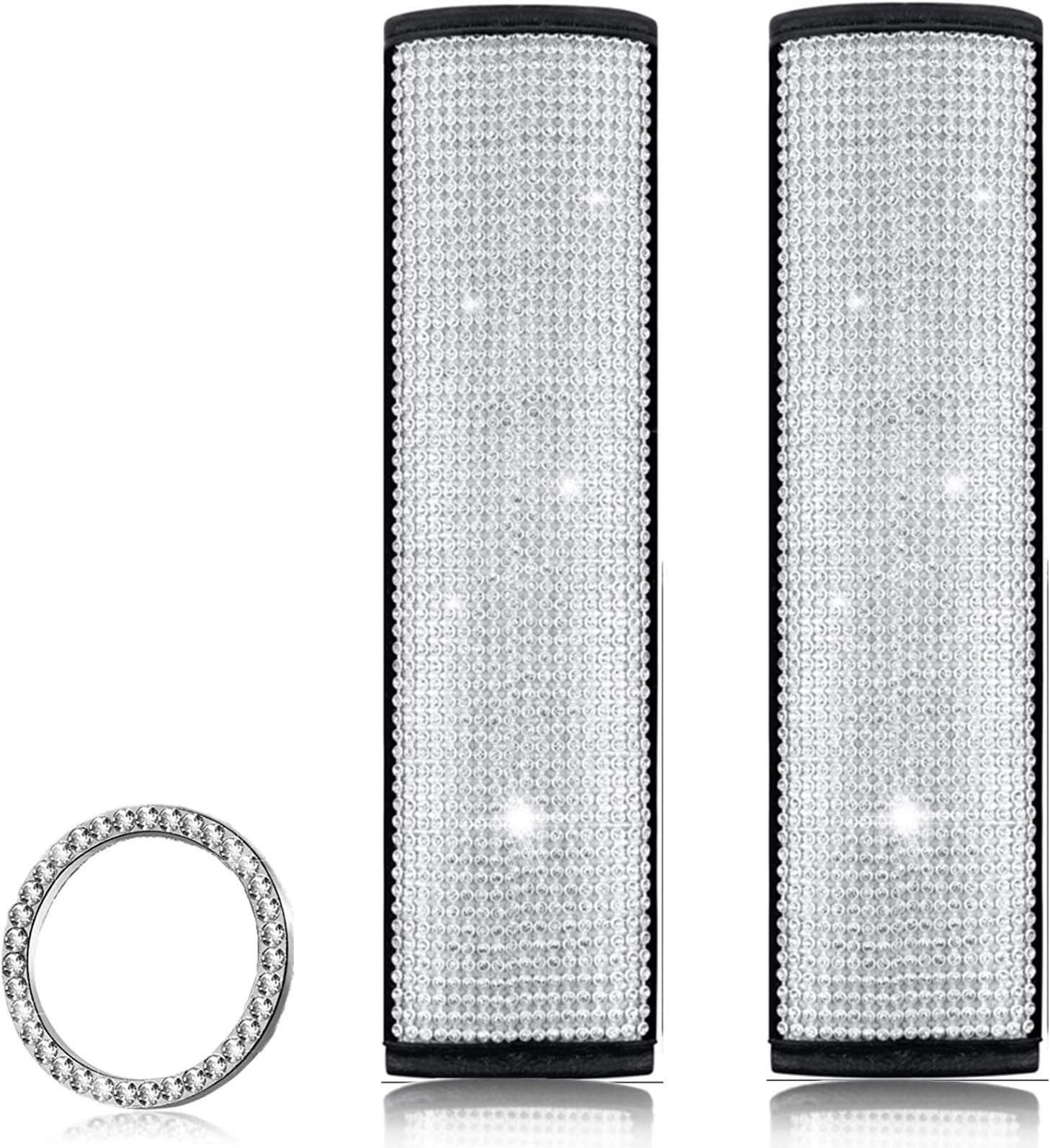 Frienda 2 Packs Bling Seat Belt Cover for Women, Rhinestone Crystal Glitter Seat Belt Leather Shoulder Pads Car Decor Accessories with Start Button Ring Sticker
