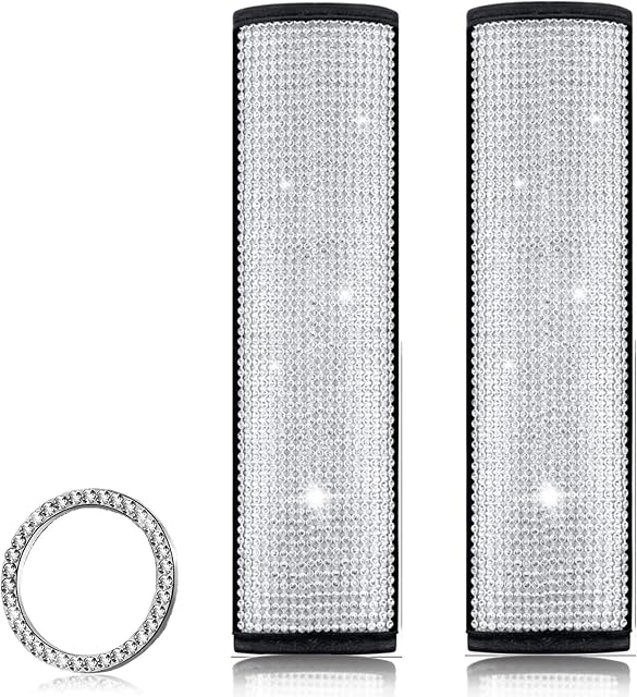 2 Packs Bling Seat Belt Cover for Women, Rhinestone Crystal Glitter Seat Belt Leather Shoulder Pads Car Decor Accessories with Start Button Ring Sticker