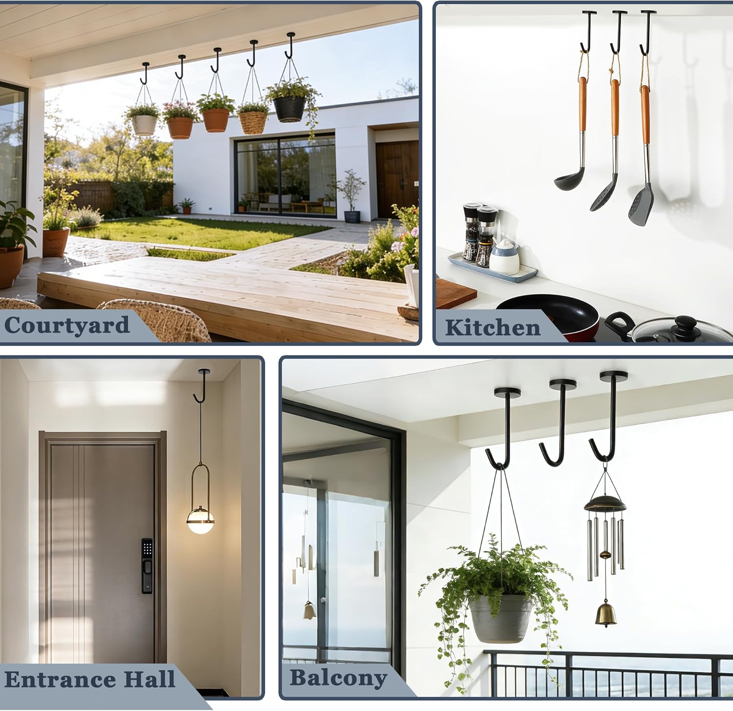 Alise Ceiling Hooks for Hanging Plants 5Pcs,110mm Stainless Steel Plant Hanger Indoor Hanging Hooks Plant Brackets Lanterns Hanger for Wind Chimes Coffee Mug Under Cabinet Screw Mounted,Black