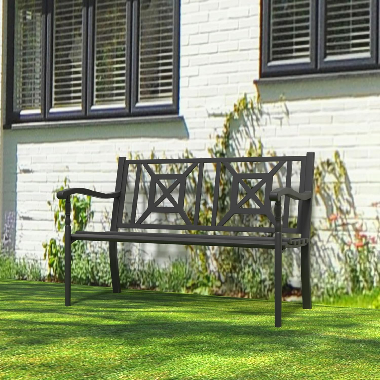 YLGJ&TIDY 50 Inches Garden Benches for Outdoor Patio Bench with Pattern Backrest Armrest Weatherproof Park Benches Metal Bench for Garden Park Porch Lawn Yard (BENCH05)