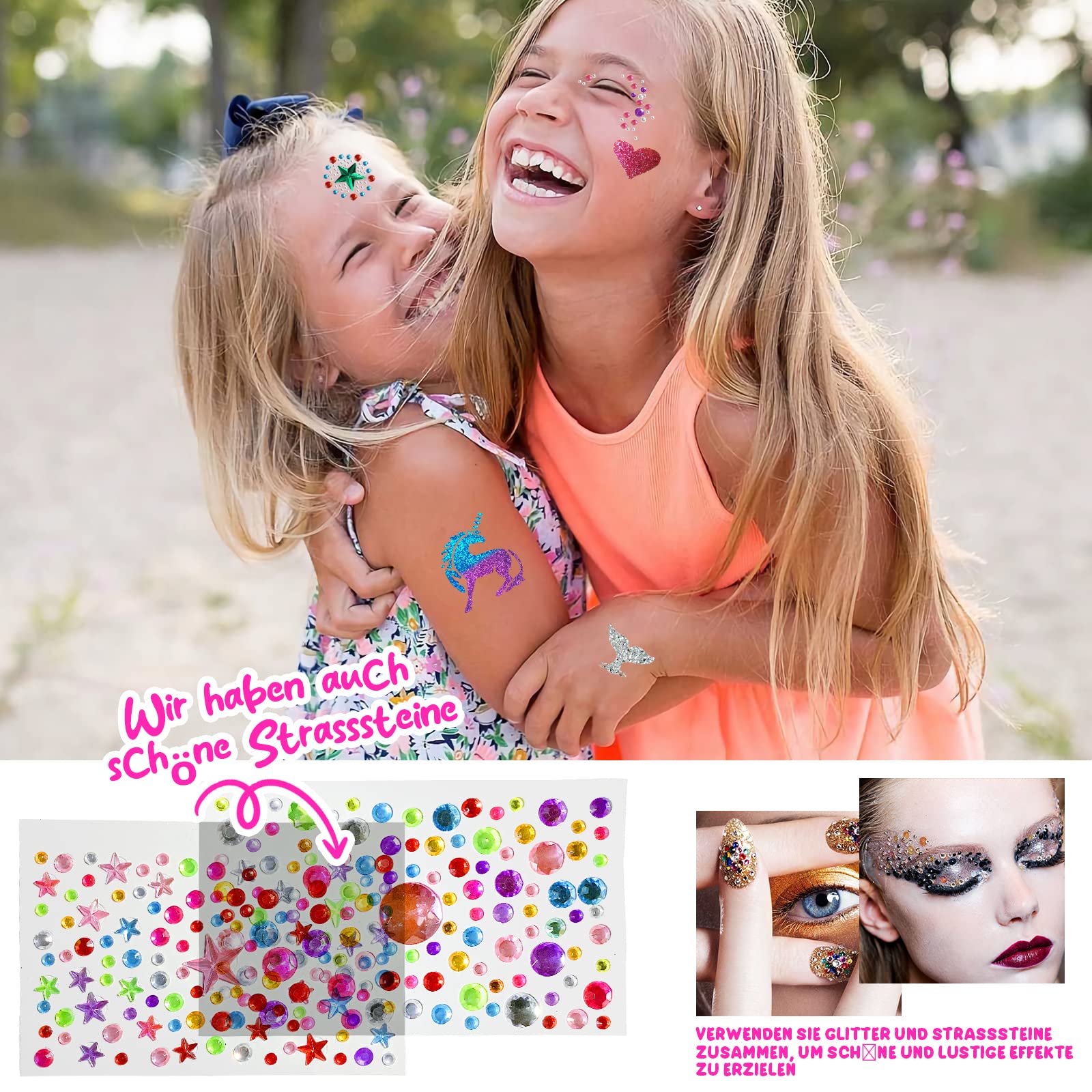 Set Tatuaggi Glitter Per Bambine, 42 Colori, 228 Stencil, 233 Strass, 3 Colle, 8 Pennelli, Regalo Creativo Per Ragazze 3+ Anni