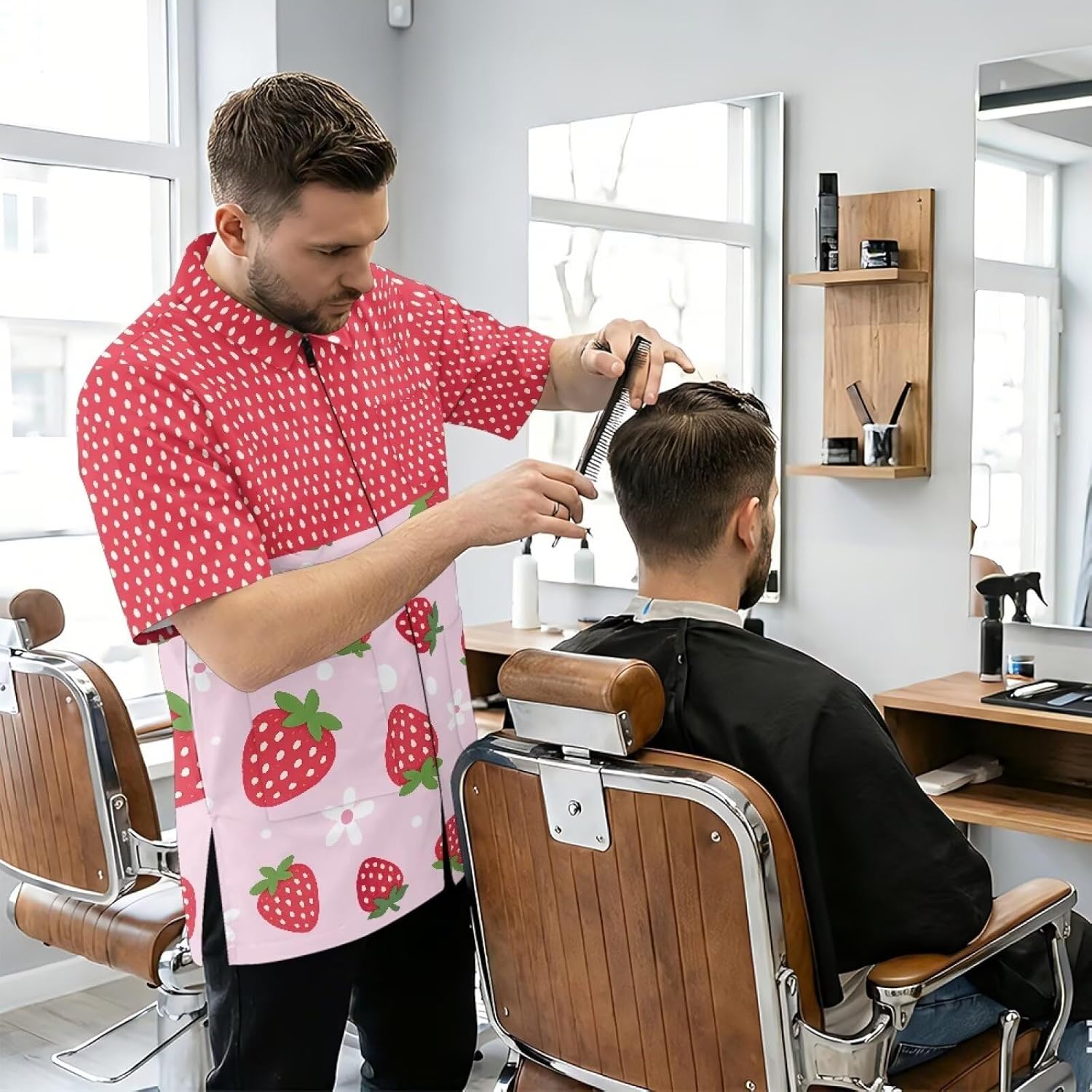 Women Men Barber Work Coat Waterproof Fabric Salon Stylist Tunic Uniform with Pockets for Hairdresser Vet Pet Groomer