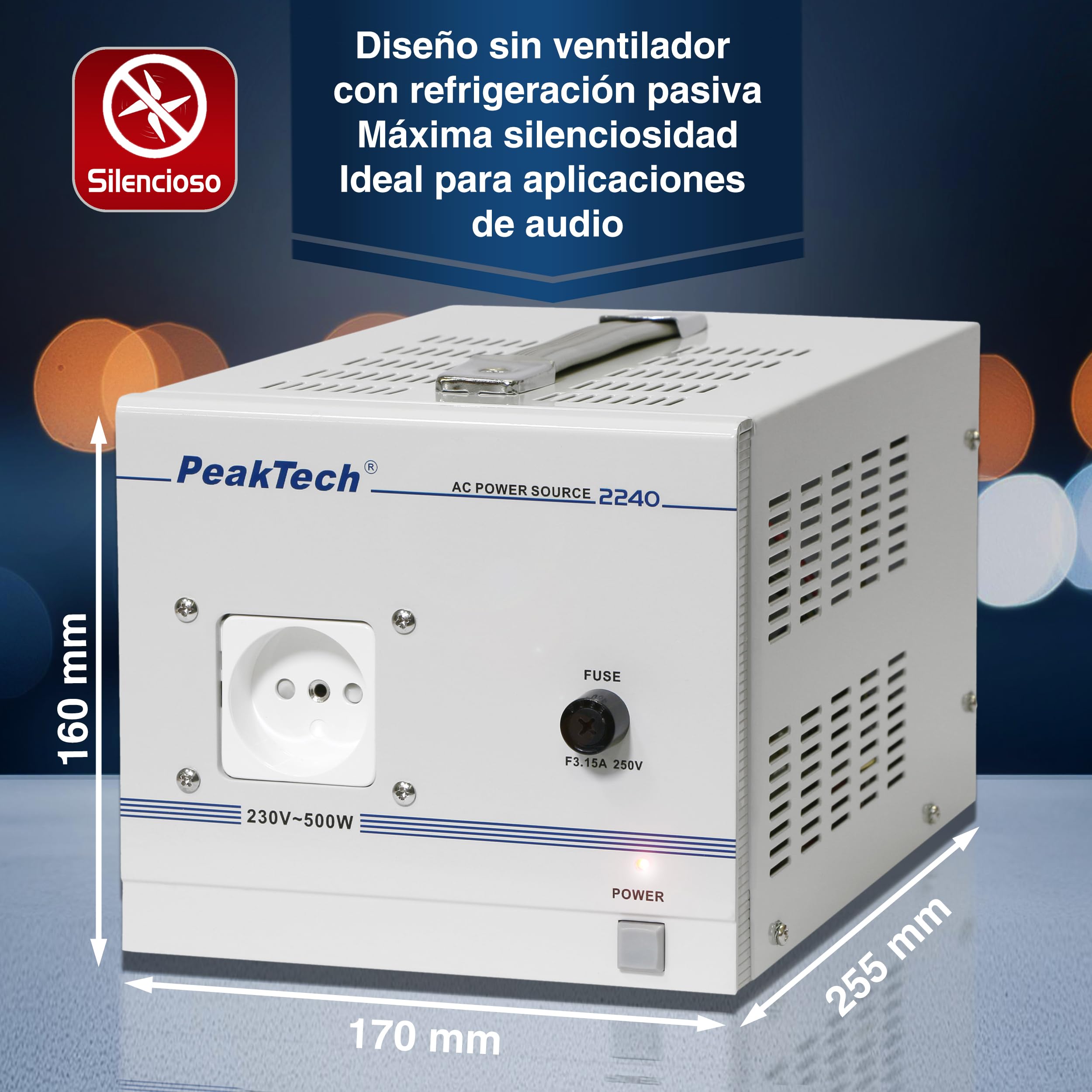 PeakTech 2240 - Transformador de Aislamiento, Dispositivo de Medición, Toroidal, Galvánico, Clase de Protección 1, Uso Móvil, Voltaje de Entrada 230 V, Potencia de Salida 500 W - 160 x 125 x 235 mm