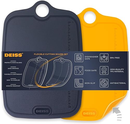 Deiss LUX - Juego de 2 tablas de cortar de TPU duraderas para cocina, tabla de cortar antideslizante de doble cara, regla integrada, tabla de cortar
