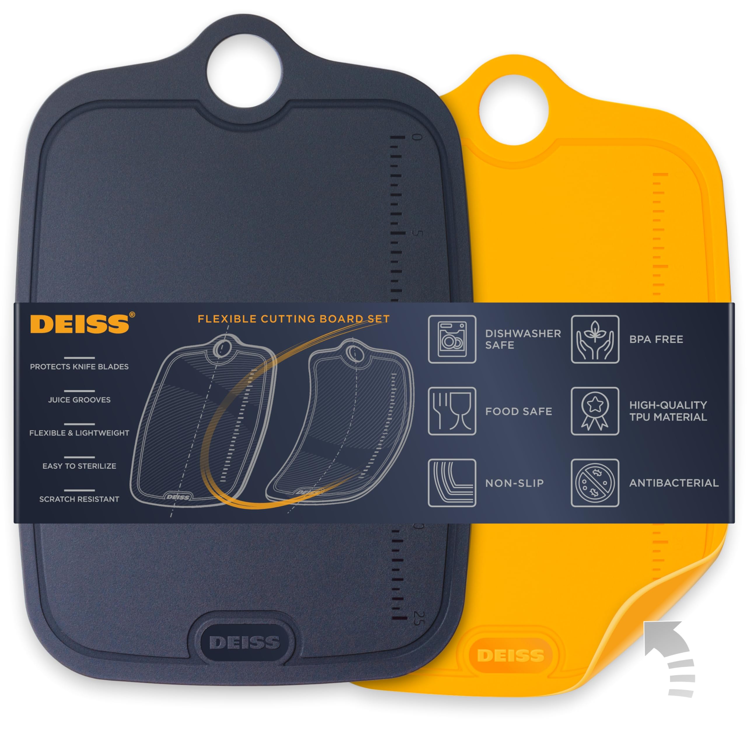 Deiss LUX Durable TPU Cutting Boards for Kitchen, Set of 2, Double-Sided Non-Slip Chopping Board, Built-in Ruler, Flexible Large Cutting Board, Deep Juice Grooves, Dishwasher Safe