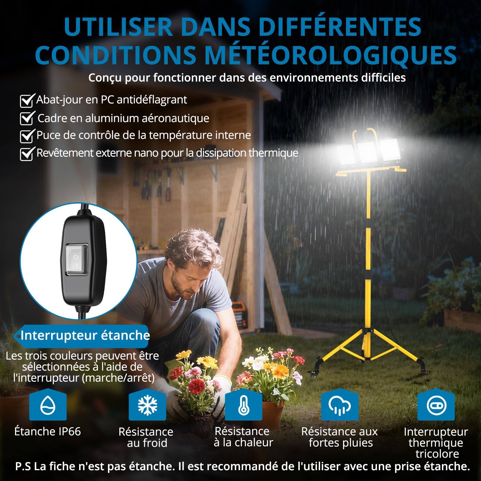 Projecteur Chantier LED 3X100W Sur Trépied 27000LM 3 Couleurs IP66 Câble 5M | AUTOUTLET 3 Modes de Température de Couleur 19000LM Lampes de Travail à LED Trépied Réglable Étanche IP66