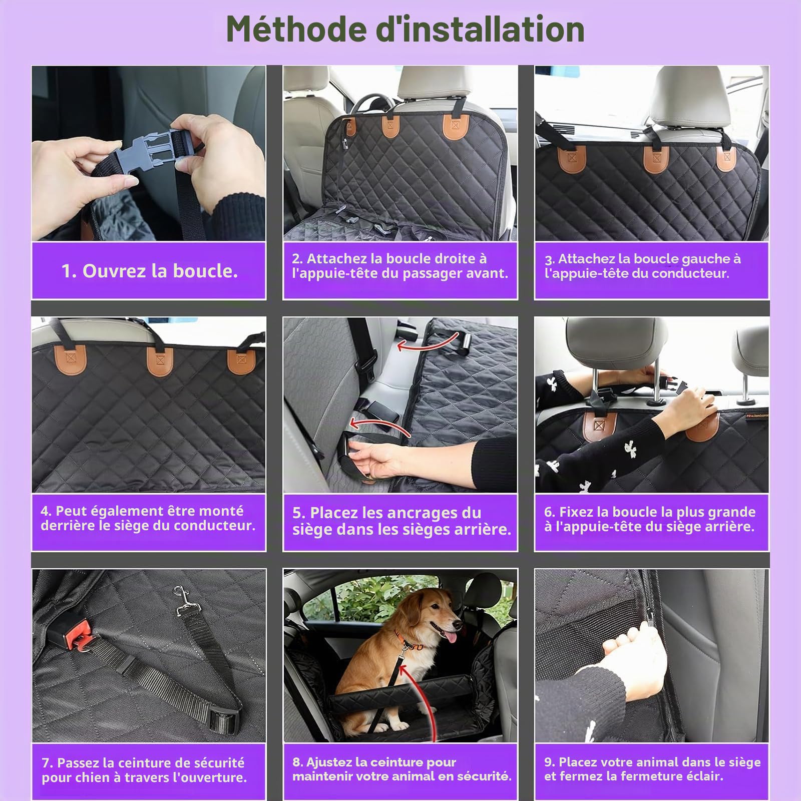 Siège Auto pour Chien Grand Format 73x53x53 cm – Panier Voiture Chien Sécurisé avec 4 Sangles – Pliable, Imperméable, Anti-Rayures – Convient Petits, Moyens et Grands Chiens Jusqu’à 50 kg