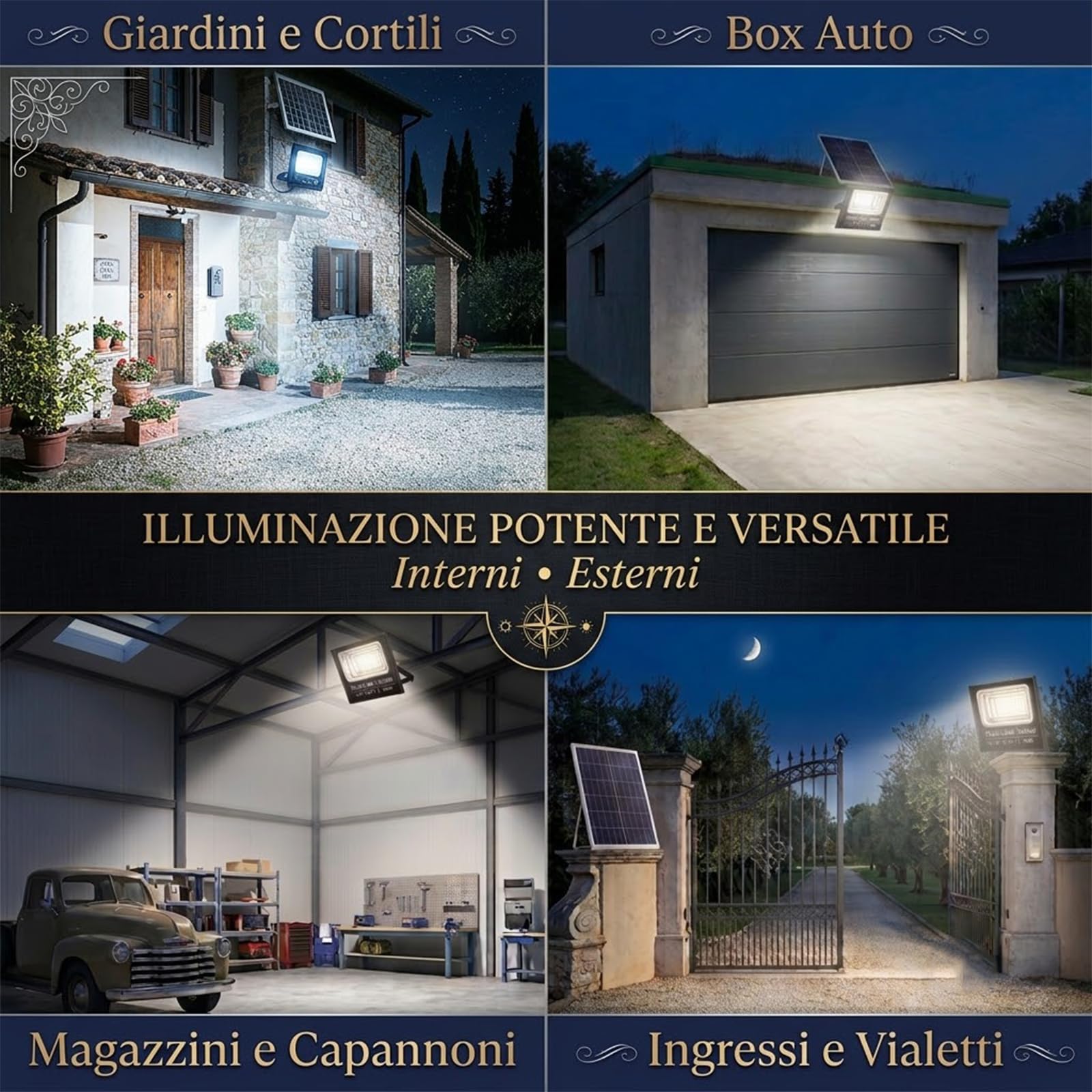 Faro Solare LED 1000W con Pannello Solare, Luce Esterno 6500K Ultra Potente, Sensore Crepuscolare Automatico, Telecomando, IP66 Impermeabile, Faretto da Esterno per Giardino, Cortile, Strada