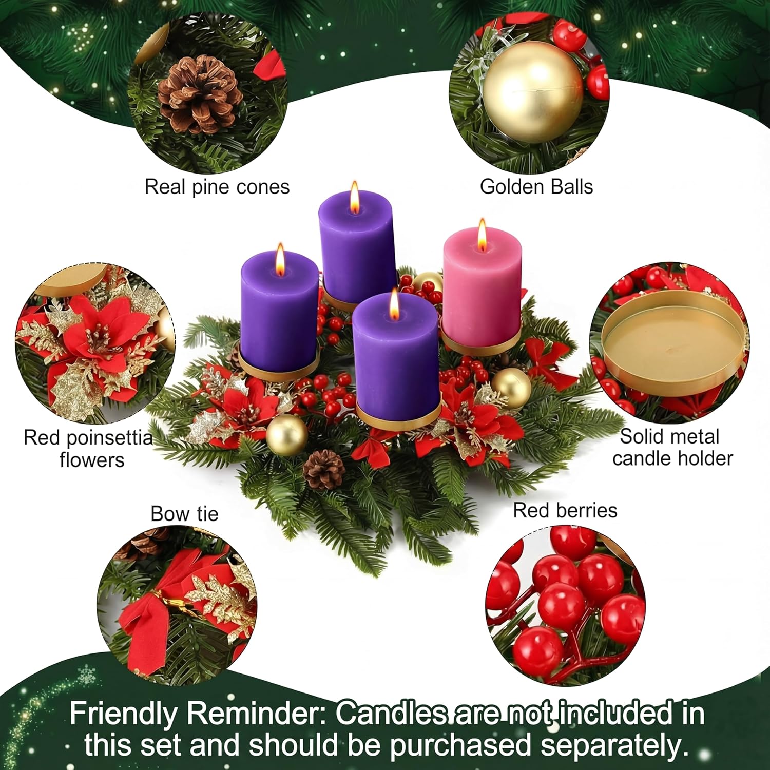17 Inch Christmas Advent Wreath Candle Holder and Holiday Wreath Centerpiece Decor Table Decoration 4 Candle Holders Artificial for Christmas Season, Candles Not Included(Classic Color)