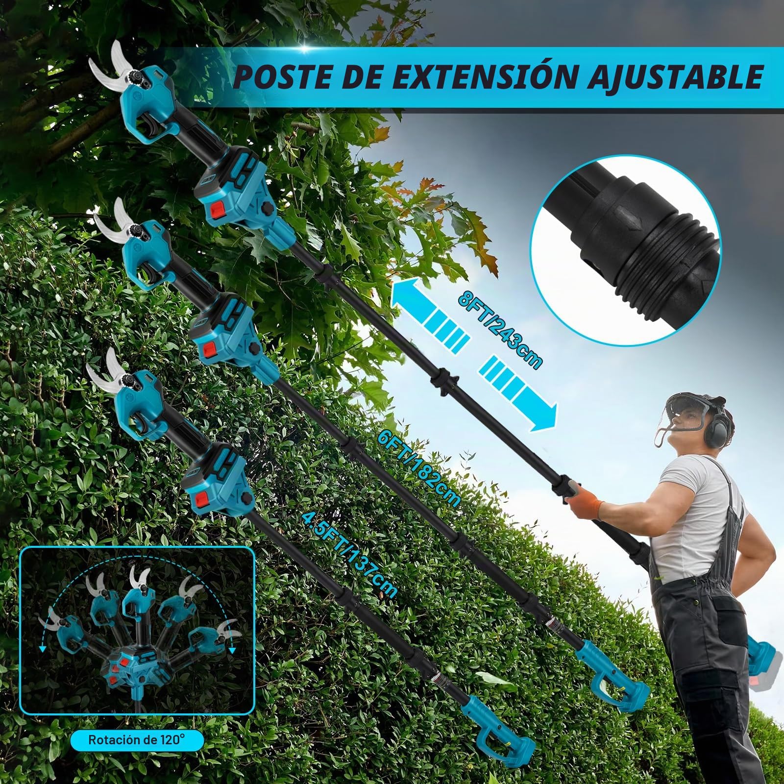 Tijera de Podar Eléctrica en Percha 2-en-1, Compatible con Baterías Makita, Diámetro de Corte 30 mm, Cortasetos sin Escobillas para Jardín y Poda de Árboles, Longitud Extensible 2 m (Sin Batería)