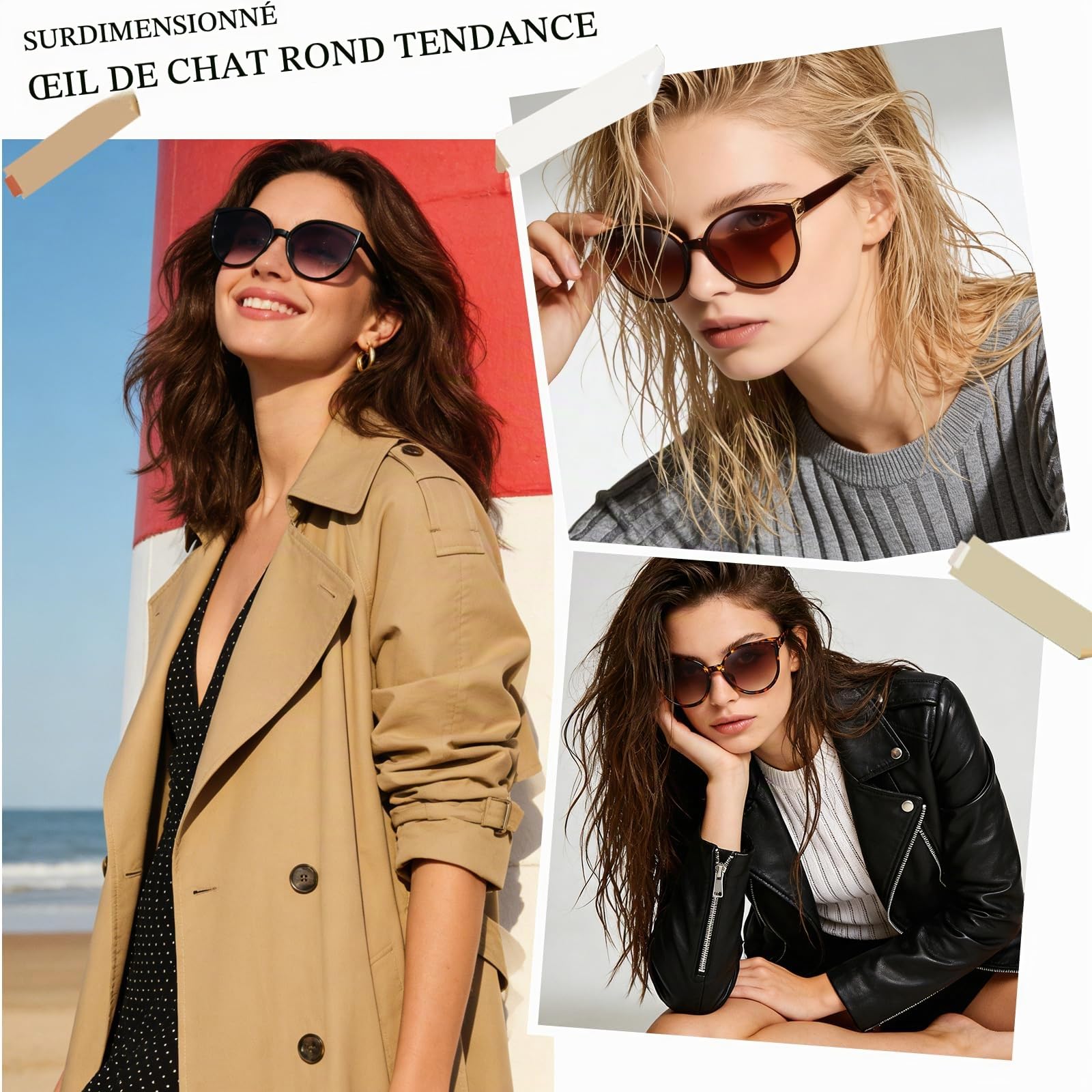 Long Keeper Grande Lunettes de Soleil Femme Oeil de Chat Vintage Lunettes de Soleil Ronde Cat Eyes Surdimensionnées Mode Lunette Femme Oversize UV400