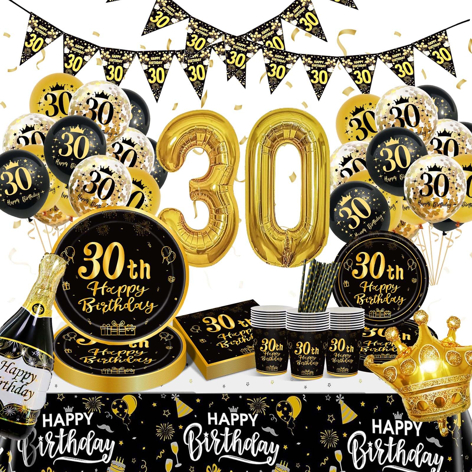 30 Años Decoracion Cumpleaños, Juego de Vajilla para Fiestas, Banderola Decoracion 30 Cumpleaños Hombre Mujer, Juego de Vajilla Dorada Negra para Dfiesta de Cumpleaño 30 Años Decoracione 16 invitados