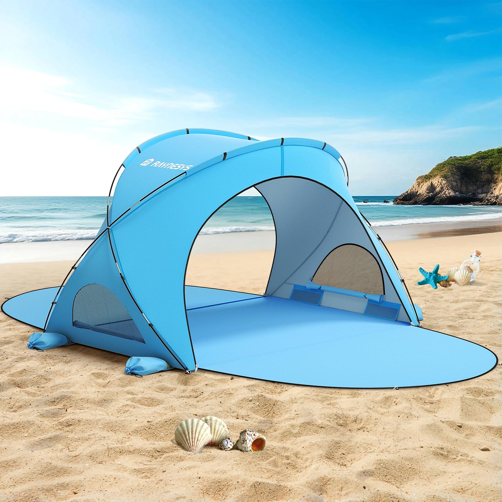 Raynesys Tenda da Spiaggia Parasole, Ombrellone con 2 Porte con Cerniera, Tenda da Spiaggia per 1-4 Persone, Parasole Portatile per Campeggio e Pesca, Blu