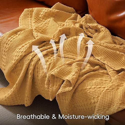 Miniatura 3 de PHF - Manta de punto gofre 100% algodón individual, suave, ligera, transpirable, acogedora, de verano, para cama, tejida, estética, decoración del