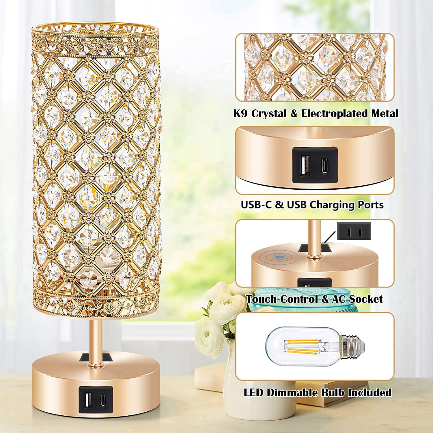 Złota kryształowa lampa stołowa, lampka nocna na biurko sterowanie dotykowe lampka nocna kobiety sypialnia dekoracja błyskotki lampy z 4 portami USB i żarówką w zestawie do domu, biura, salonu