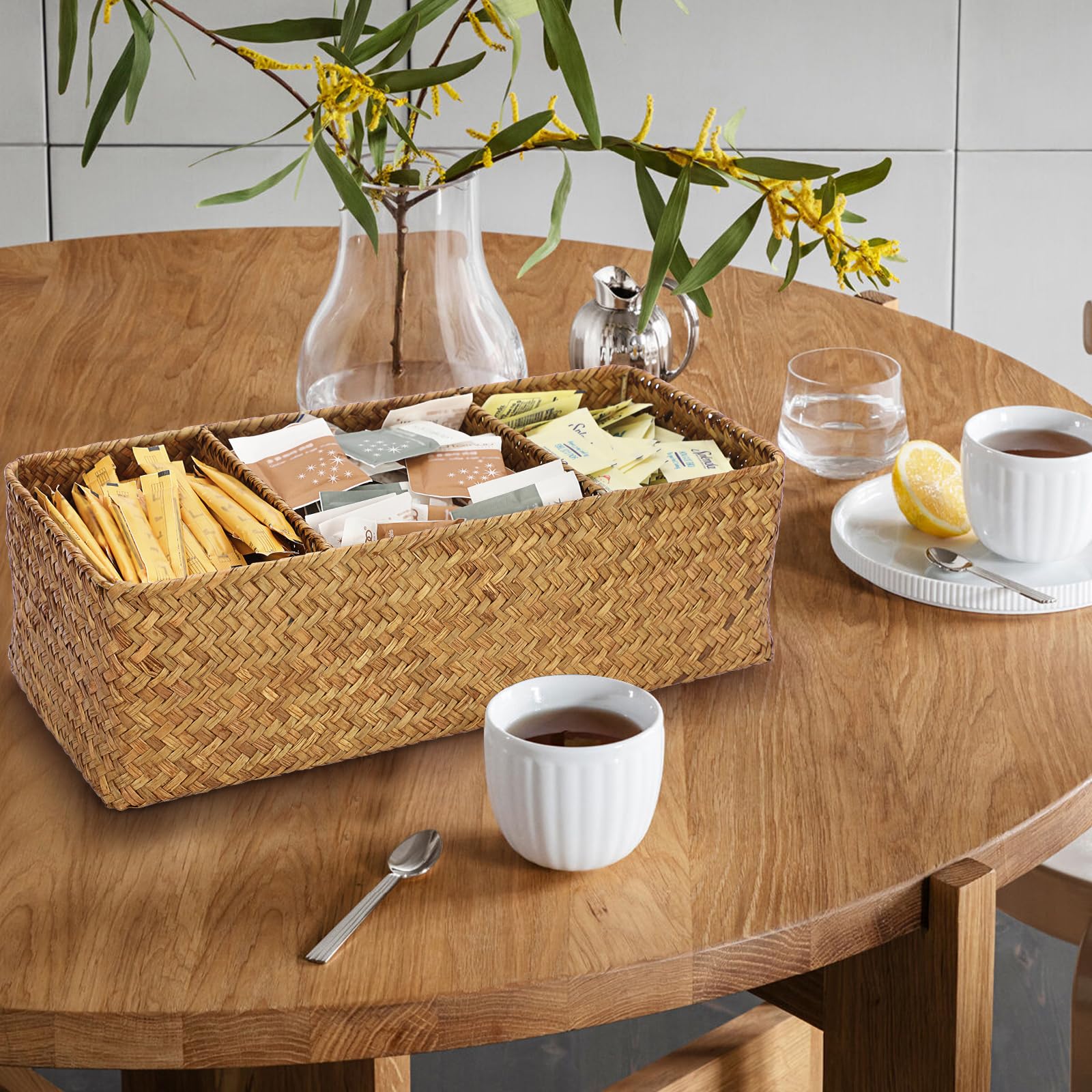 ELLDOO Cesta de almacenamiento tejida de mimbre de mimbre de hierba marina, organizador de cápsulas de café de gran capacidad para cápsulas K Cup Nespresso, caja de almacenamiento de hierba marina de