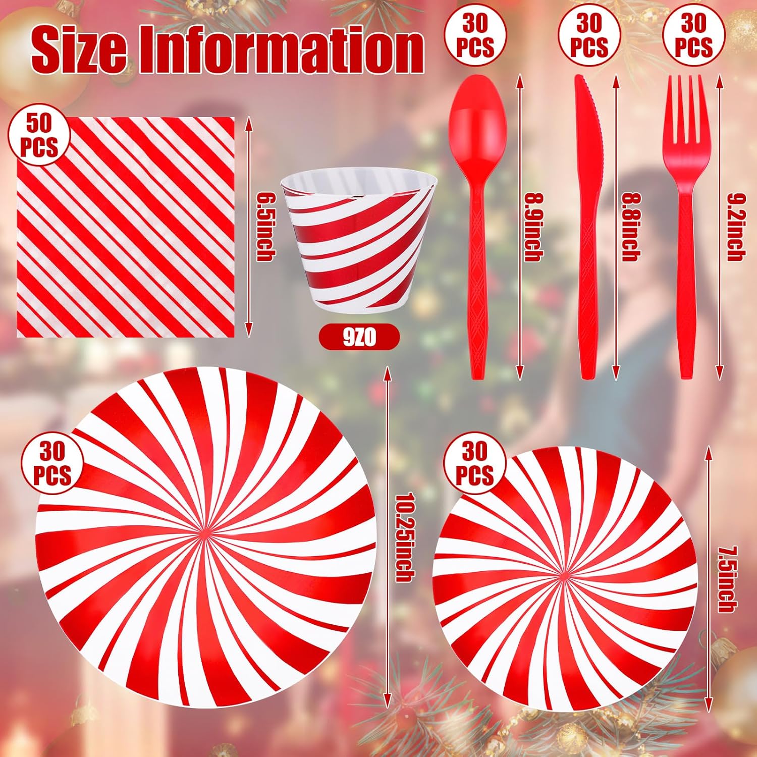 Uiifan 230 Pcs Christmas Candy Cane Party Decorations Paper Plates Disposable Peppermint Dinnerware Guest Tableware Set with Dinner Dessert Plates, Cups, Napkin, Knife, Fork, Spoon for Xmas New Year - Image 3