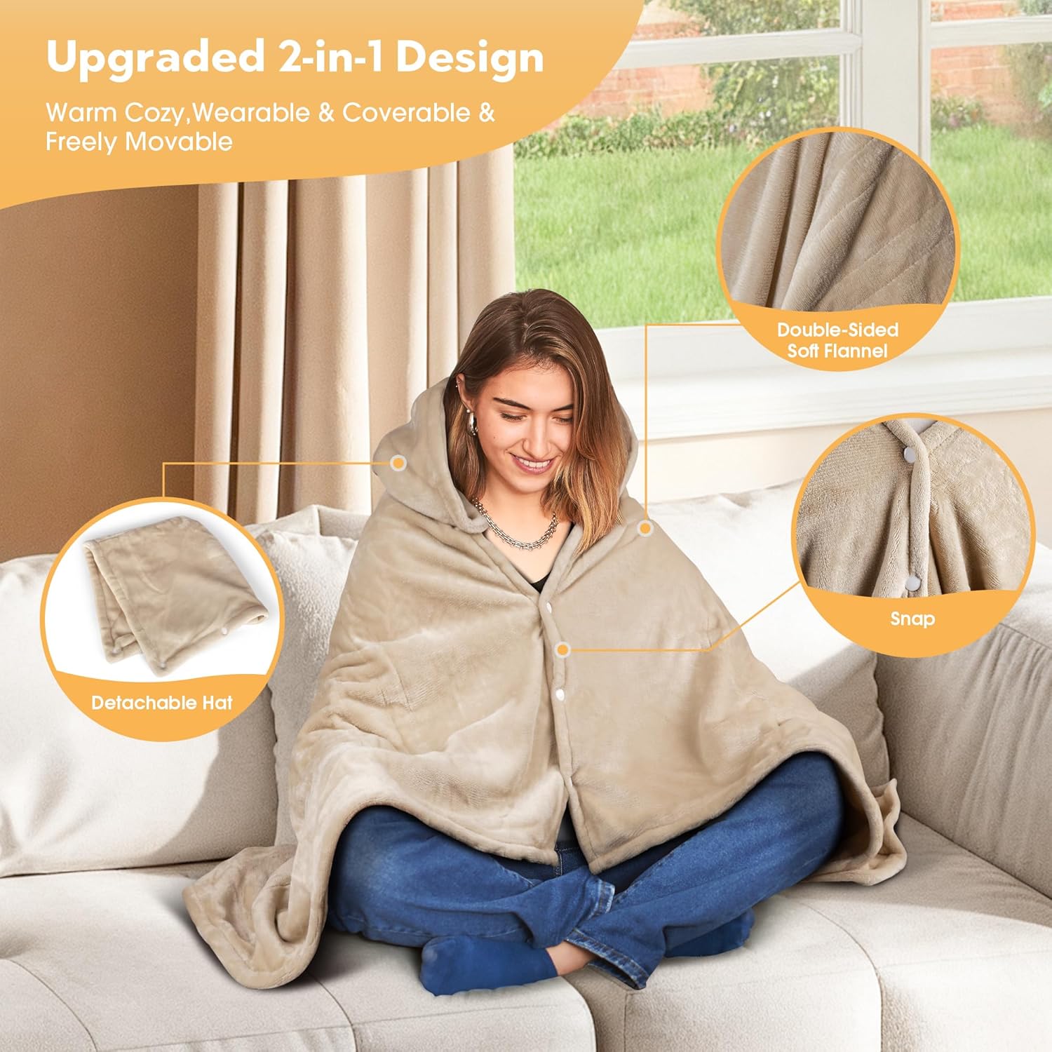 Gintao Electric Heated Blanket Throw,Double Flannel Electric Throw with 3 Heating Levels, 4H Auto Off Overheat Protection Heating Blanket for Home Office,Detachable Hat&Snap Button,Gift,50x60,Beige