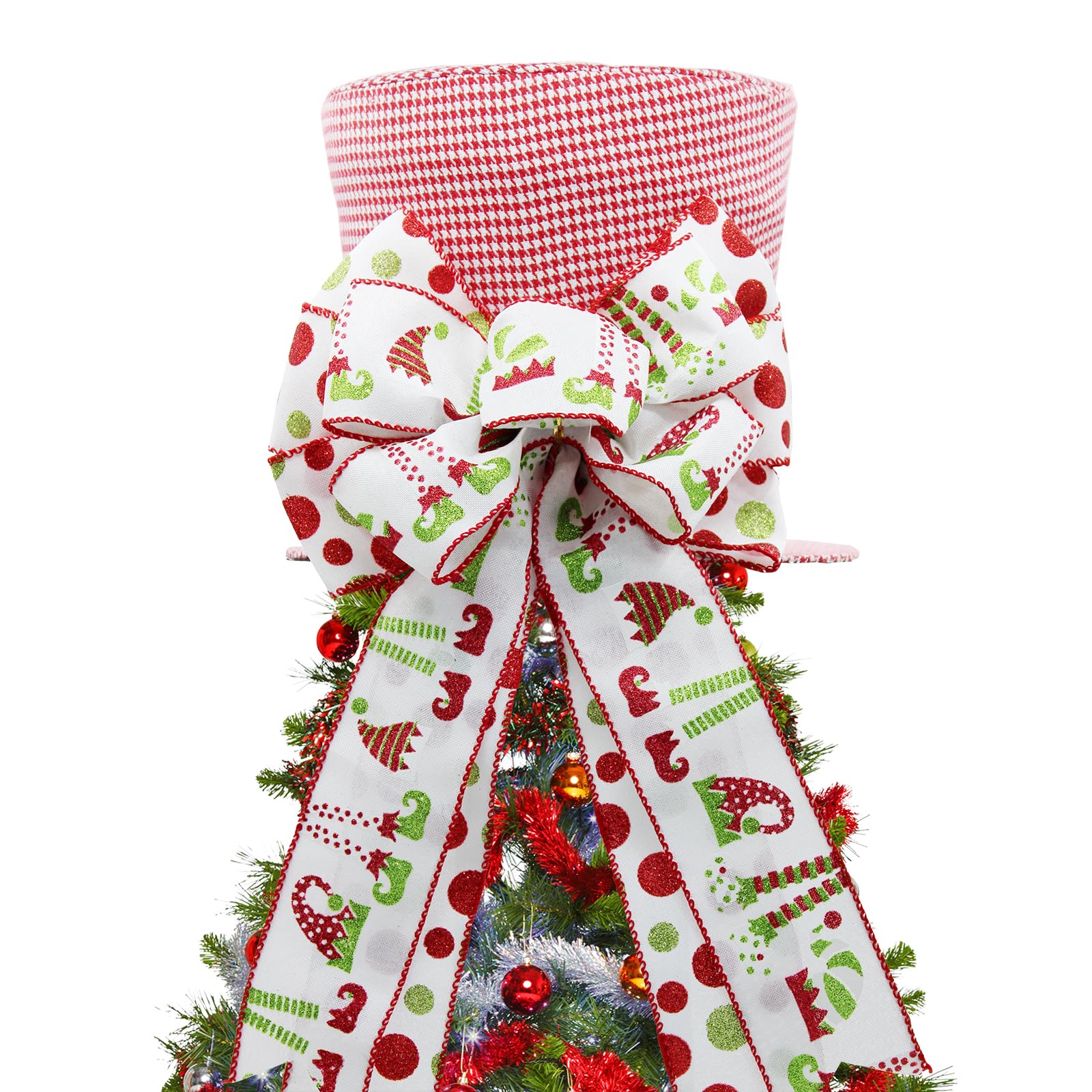 Photo 1 of Christmas Tree Topper Hat with Bow,Large Christmas Tree Topper with Elf Legs,Tree Toppers Christmas Decorations for Home Party Decor Xmas Gift Elf Pattern
