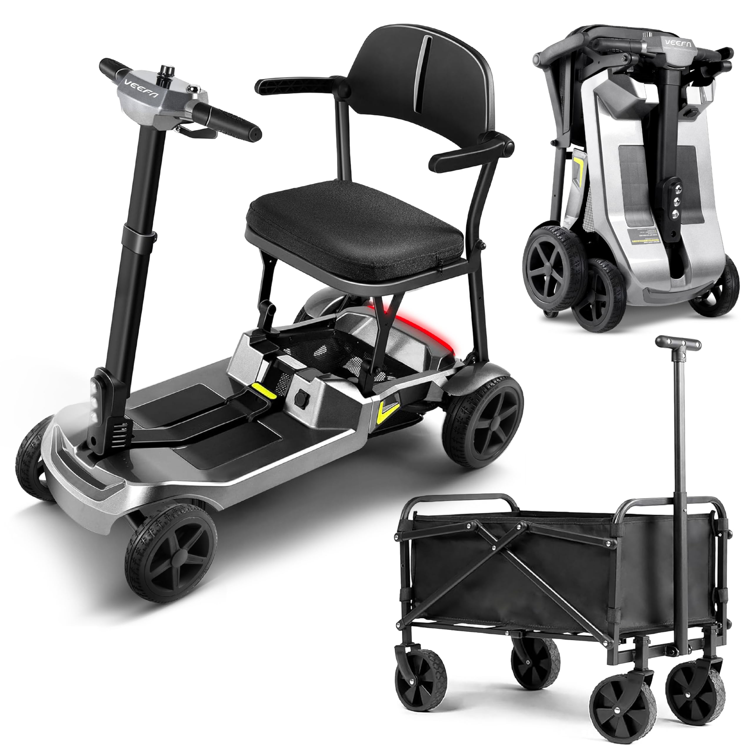 VEEFA Seniorenmobil 4 Rad, 17kg Leichtbau Doppelbatterie 36km Reichweite 8km/h, Elektromobil Aluminium für Auto/Flugzeug/Bahn, E Roller mit Sitz 122kg Tragkraft