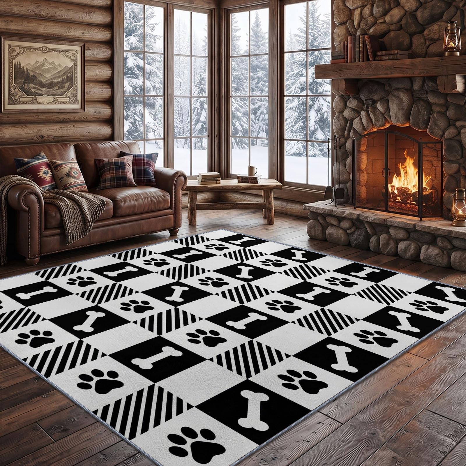 Blanc Tapis Salon 80 x 150 cm, Minimaliste Moderne Lavable en Machine Tapis | Chambre Antidérapant, Damier Empreinte De Patte Os Tapise Bureau Salle a Manger, Doux Poil Ras Rug, Cuisine