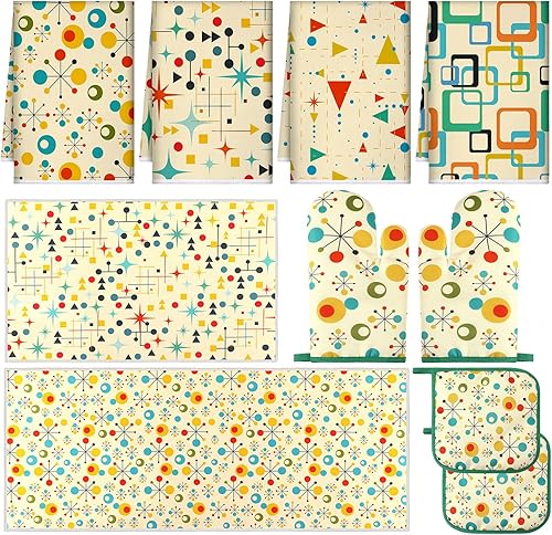 Juego de 10 manoplas de horno coralinas para ollas, juego de alfombras y toallas de cocina de mediados de siglo de los años cincuenta, modernos