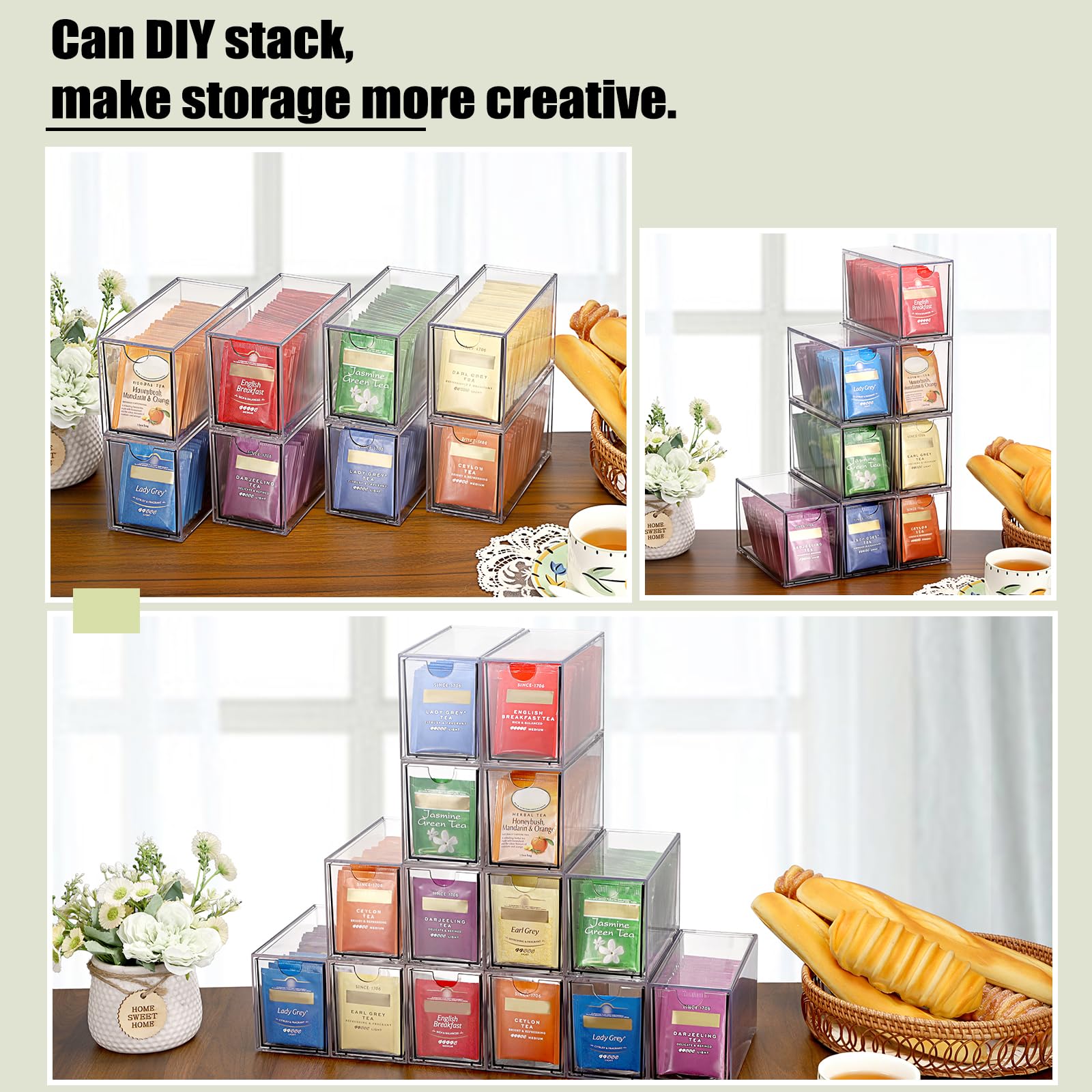 ELLDOO Organiseur de sachets de thé à 8 tiroirs, en acrylique transparent empilable, support de rangement pour sachets de thé de cuisine, garde-manger, rangement pour dosettes de café, collations pour