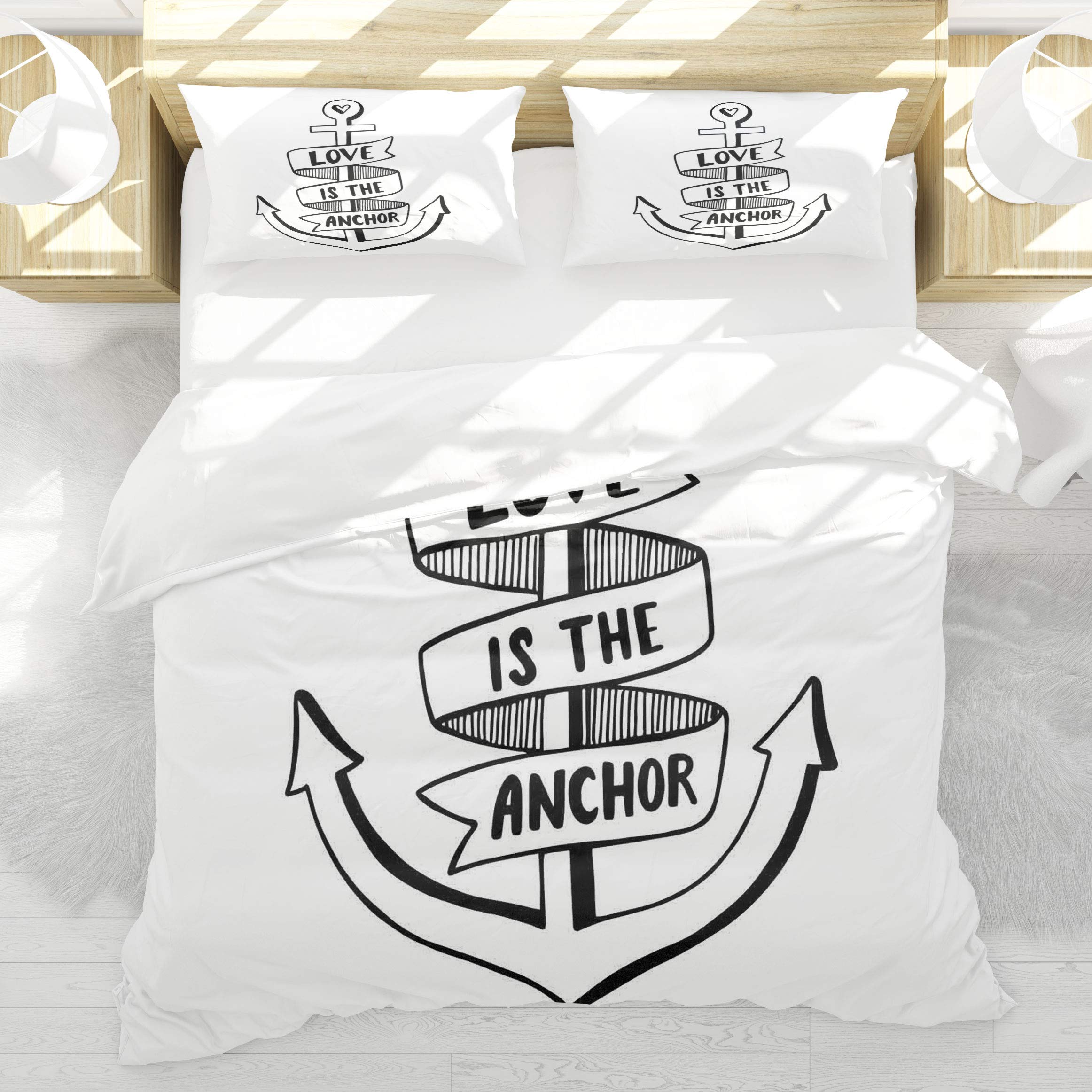 Housse de couette ancre 220x240cm, parure de lit motif nautique avec taies 50x75cm
