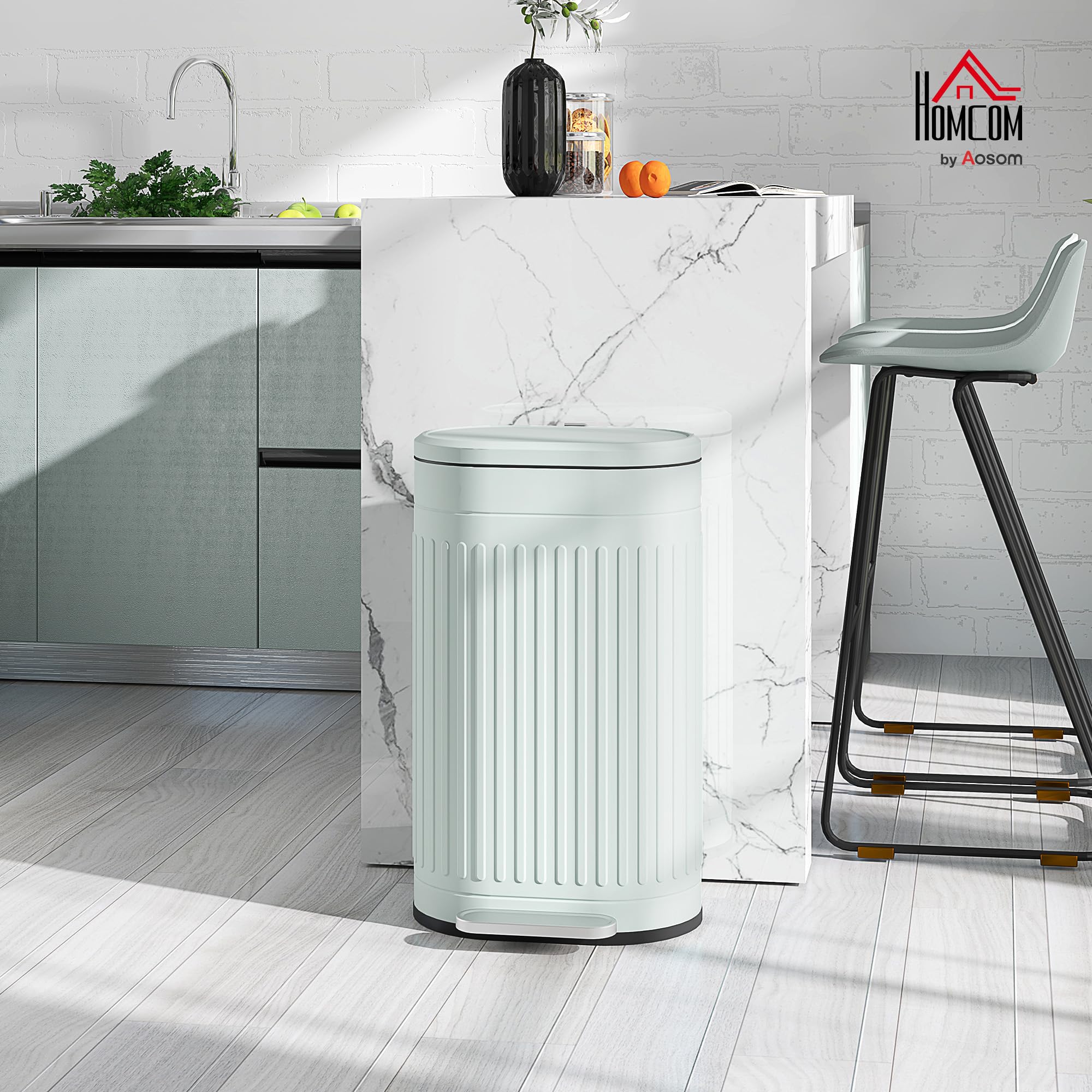HOMCOM Papelera con pedal 30L, antihuellas, tapa soft-close, verde claro | Papelera de cocina metálica, pedal, cubo interior extraíble