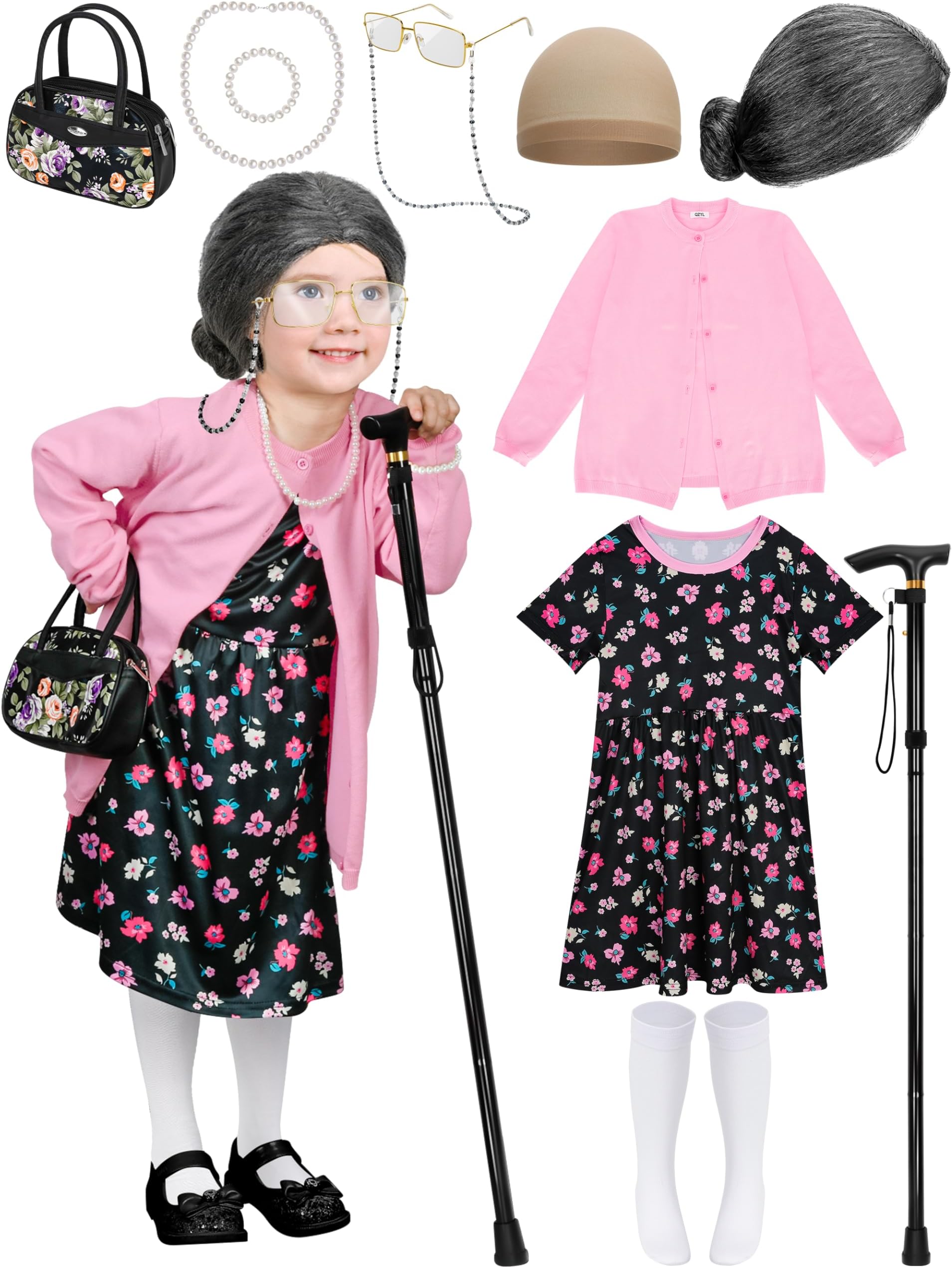 100 Days of School Costume for Kids, Old Lady Dress Up for Girls, 100th Day School Granny Wig Accessories Outfit
