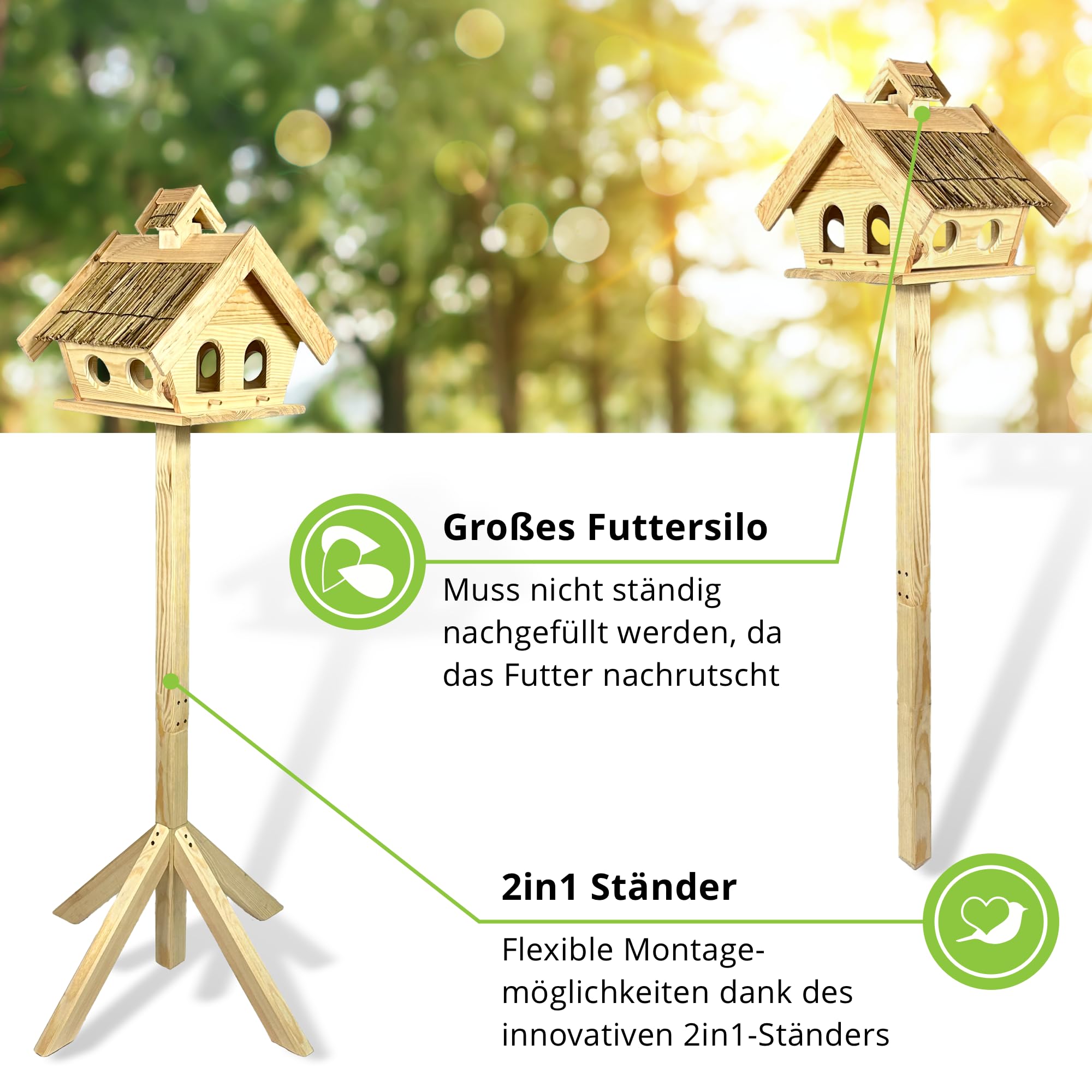 GARTENETAGE Vogelhaus Holz mit Reetdach und 2in1 Ständer/Vogelhaus mit Ständer wetterfest und stabil/Vogelfutterhaus mit Ständer/Robustes Vogelhäuschen für Balkon und Garten