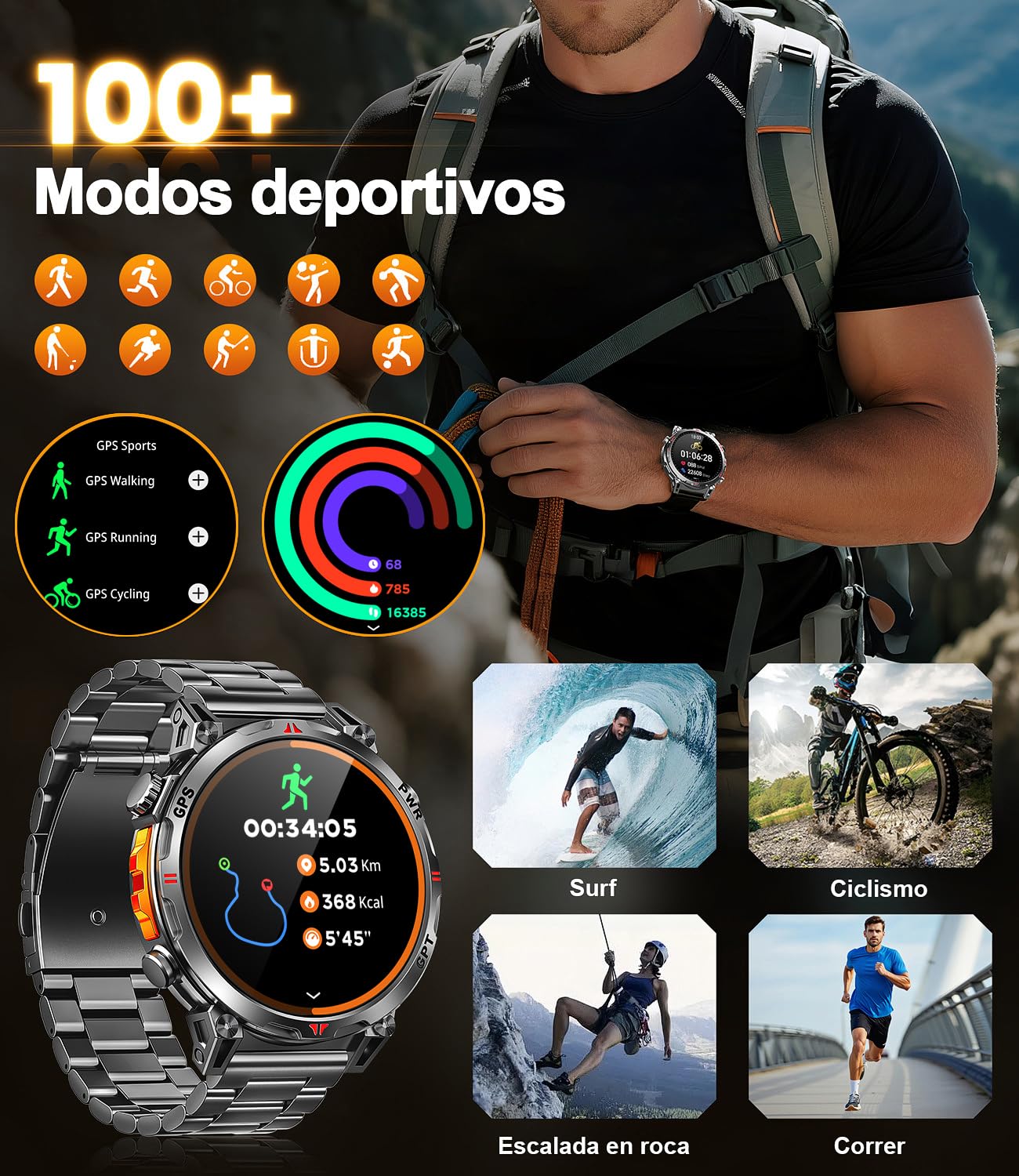 Reloj Inteligente Hombre, GPS Integrado Militar Smartwatch AMOLED 1,56 Pulgadas con Llamadas Bluetooth, Brújula/Altitud, 100+ Modos Deporte, Cardíaco, Sueño iOS/Android