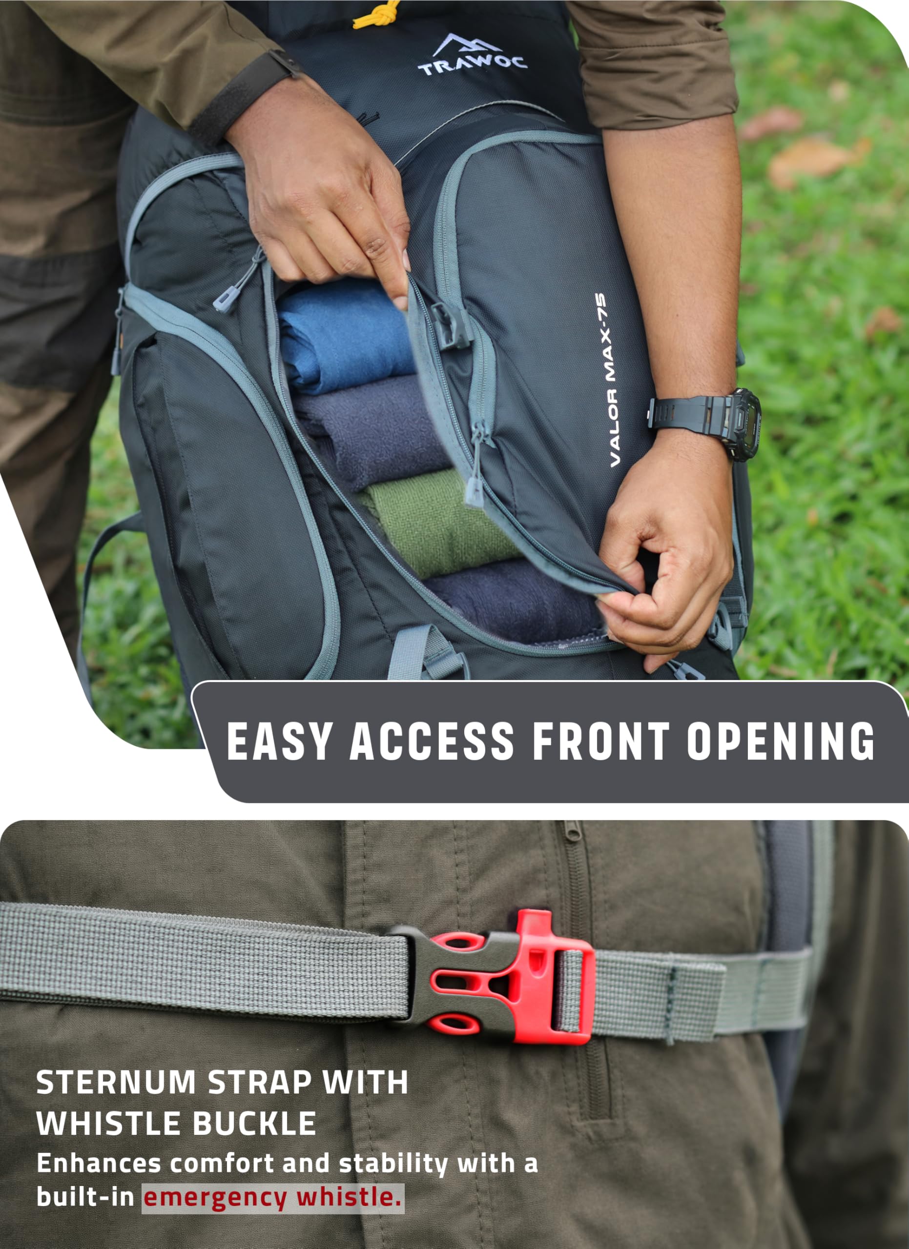 TRAWOC VALOR MAX 75 Ltr Travel Backpack Camping Hiking Trekking Bag Rucksack for Men & Women with Rain Cover/Shoe Compartment, Grey, 3 Year Warranty 3