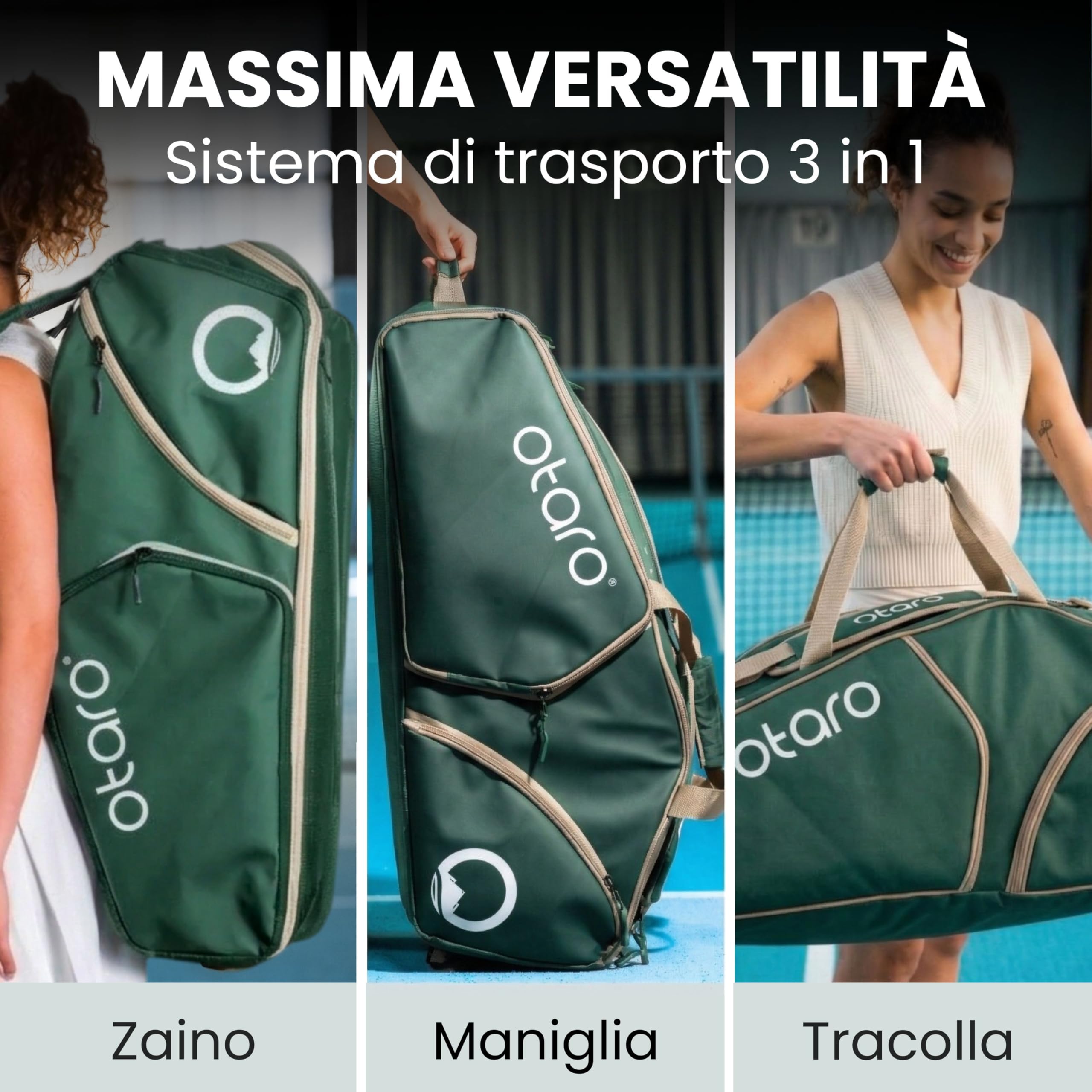 Otaro Borsa tennis 82L | Borsone tennis per 4 racchette | Con scomparto isolato, scomparto per scarpe, scomparto termico e scomparto per laptop | Sistema trasporto 3 in 1 | Zaino tennis idrorepellente
