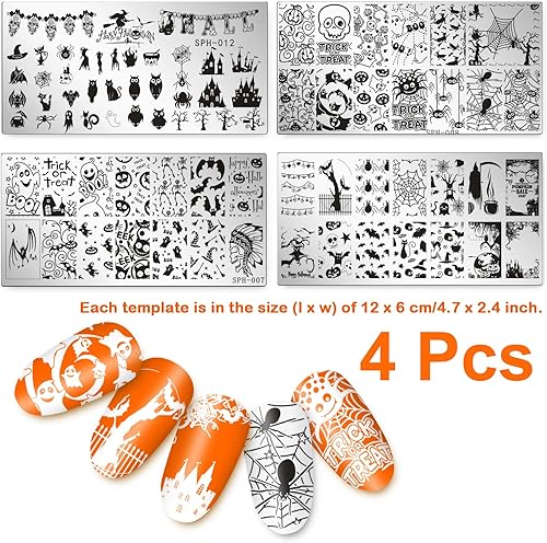 Miniatura 2 de Whaline Juego de 4 placas de arte para uñas, de Halloween, plantillas de sellos con imagen, kit de estampado, diseño de salón de manicura