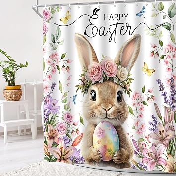 Happy Easter Shower Curtain,Watercolor Pink Floral,70" WX70 H