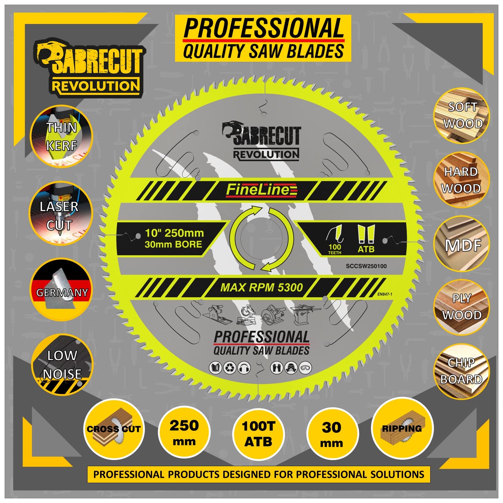 SabreCut 1pc SCCSW250100 250mm 100T 30mm Alésage Bois Lame circulaire TCT | Pointes carbure allemandes pour coupe précise, casse réduite et longue durée de vie