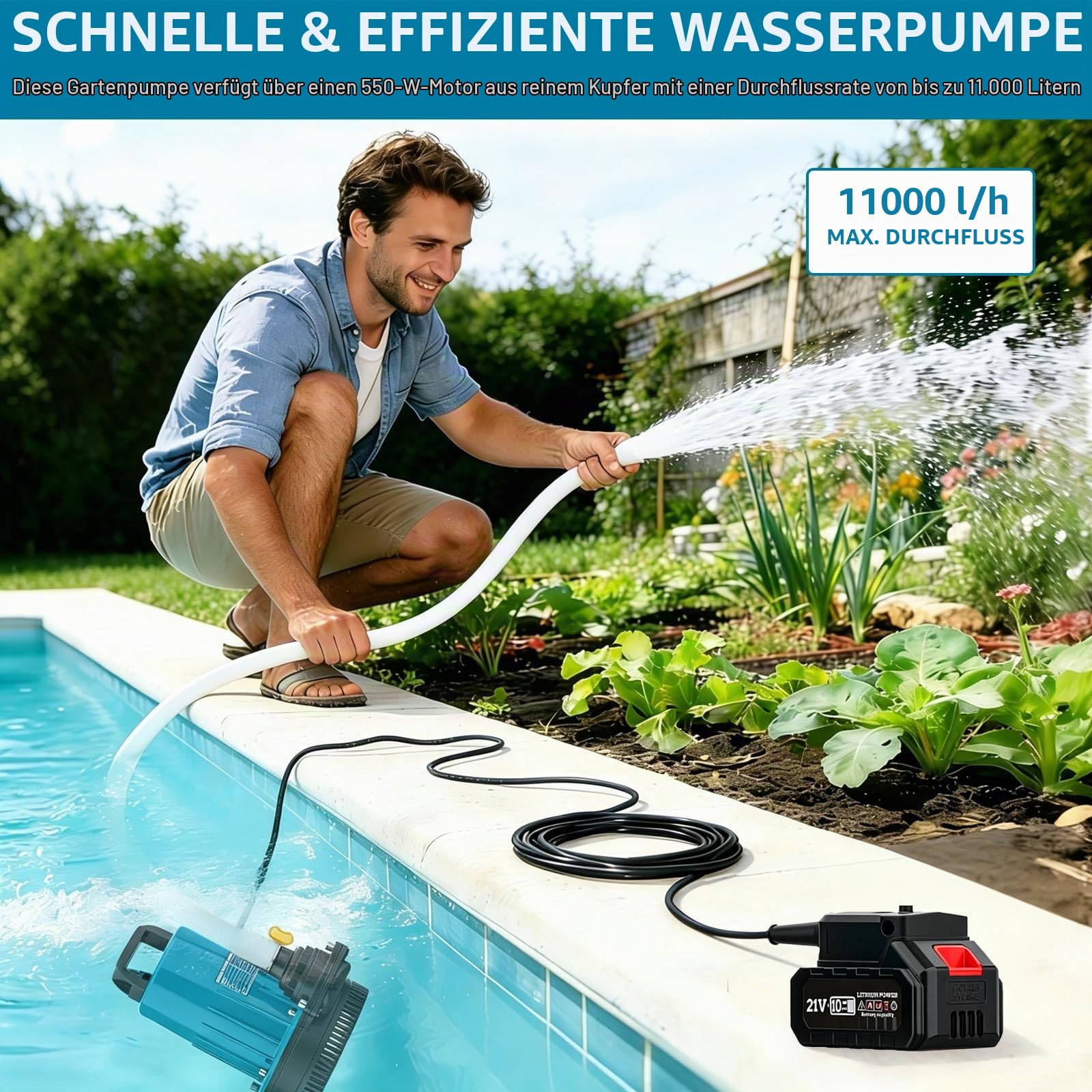 Akku Tauchpumpe, 11000 L/H Akku Klarwasserpumpe, 5m Verbindungskabe, Förderhöhe 12m, Tauchpumpe für Pool, Wasserbetten, Garten Dusche, Pfütze (Inklusive 21V Akku und Ladegerät)