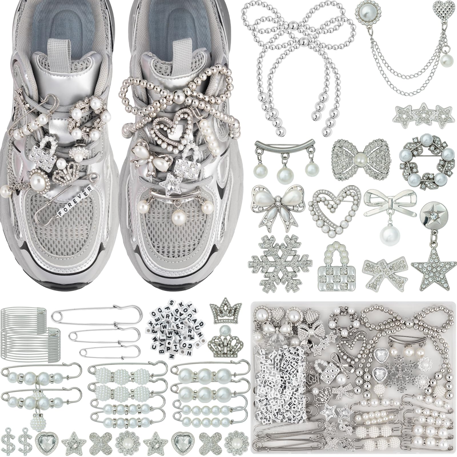 332 Pcs Junk Socks Charms Kit, Silver Shoe Charms for Sneakers, Pearl and Rhinestone Sock…