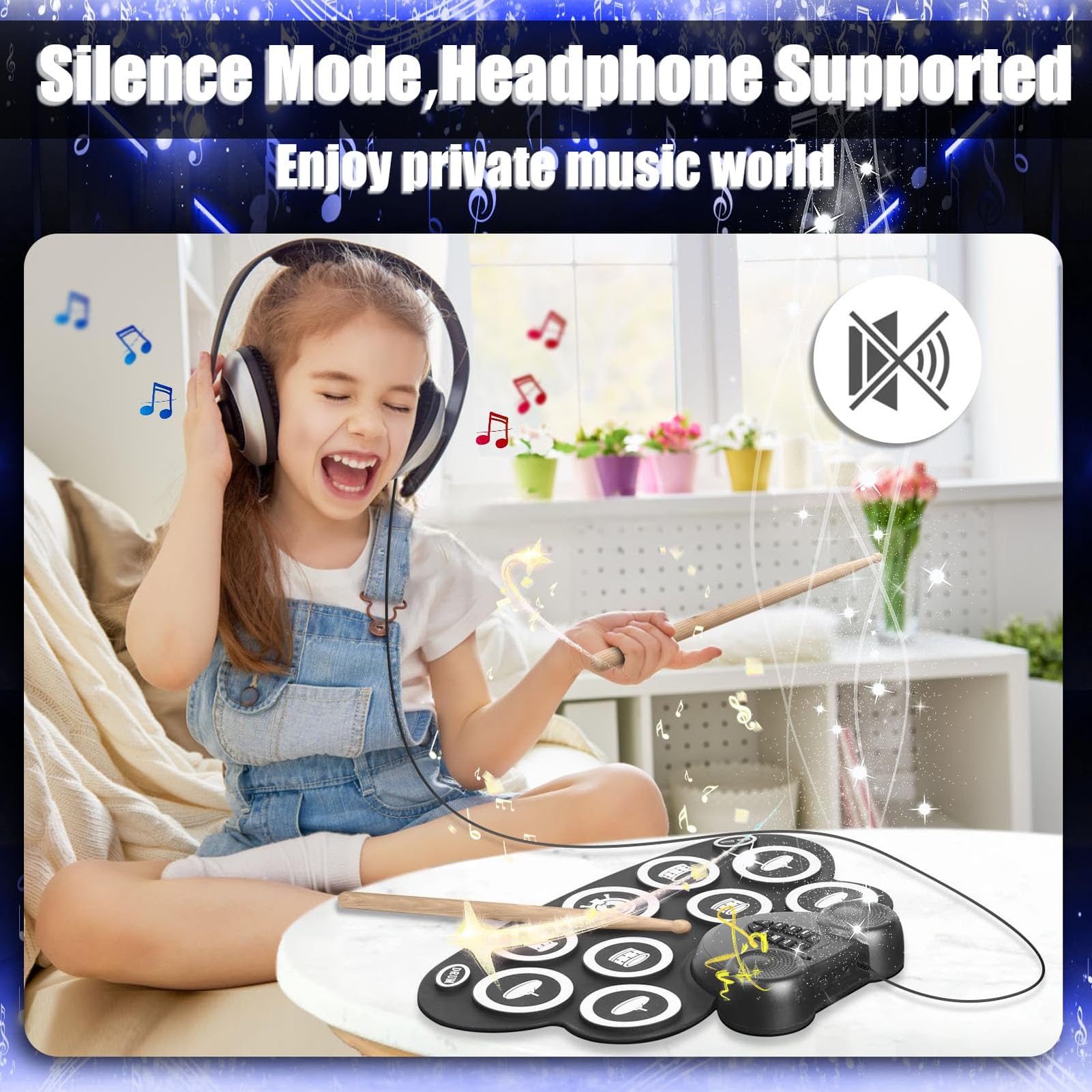 CHICIRIS Batería Electrónica, Batería Enrollable de 9 Pads, Altavoces Mejorados, Conectividad MIDI, Perfecto para Niños, Principiantes, Fiestas Al Aire Libre