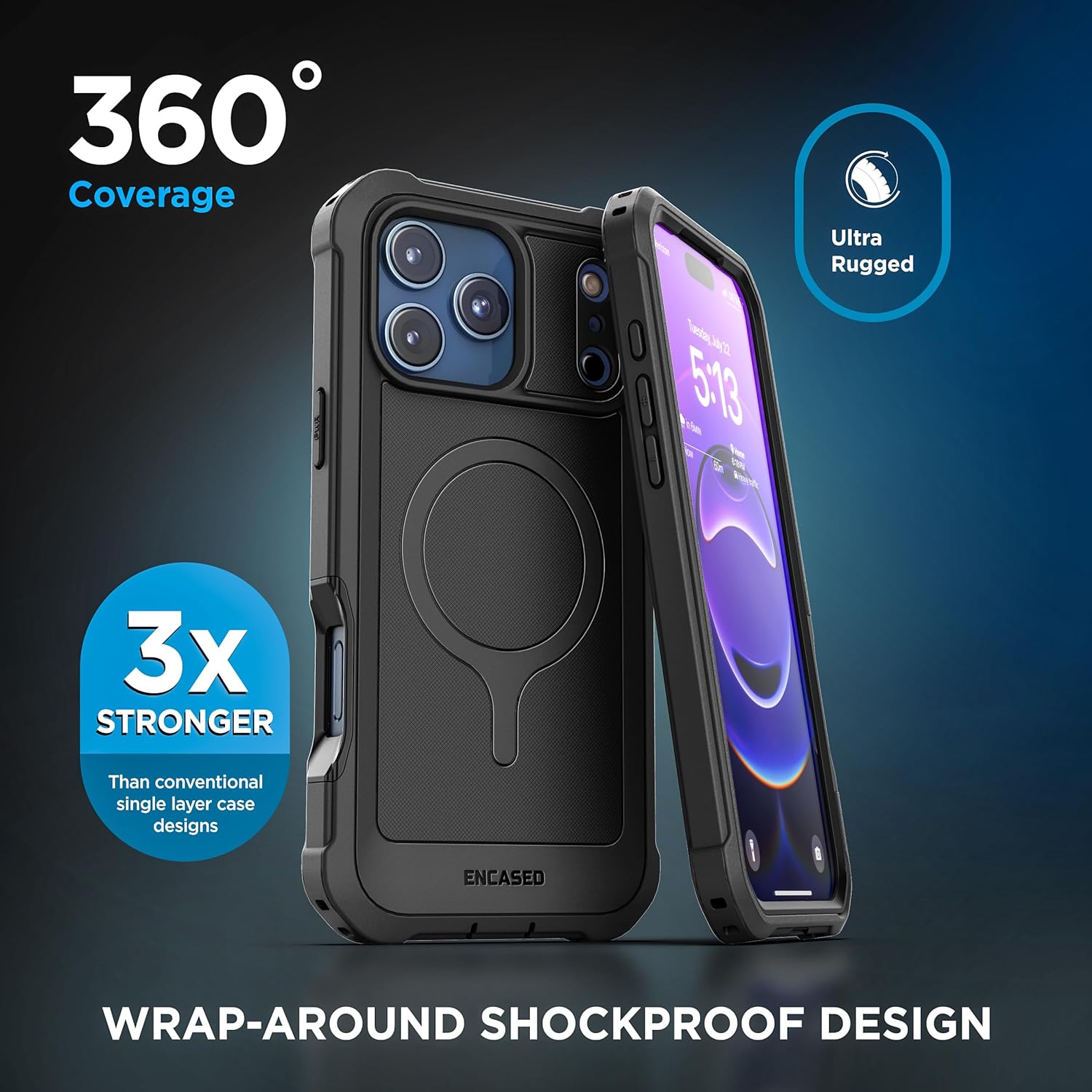 Encased Rugged Case for iPhone 17 Pro Max with Belt Clip and Built-in Screen Protector (Falcon Series) Full-Body Cover with Phone Holster, Compatible with MagSafe (Black) - Image 6
